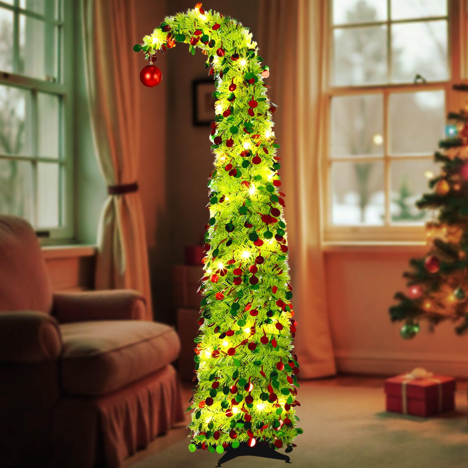 Aurelema 5 ft Christmas Whimsical Pop up Curved Tree with 50 LED Light String Decorations Curved Plastic Tree Lime Green Purple 