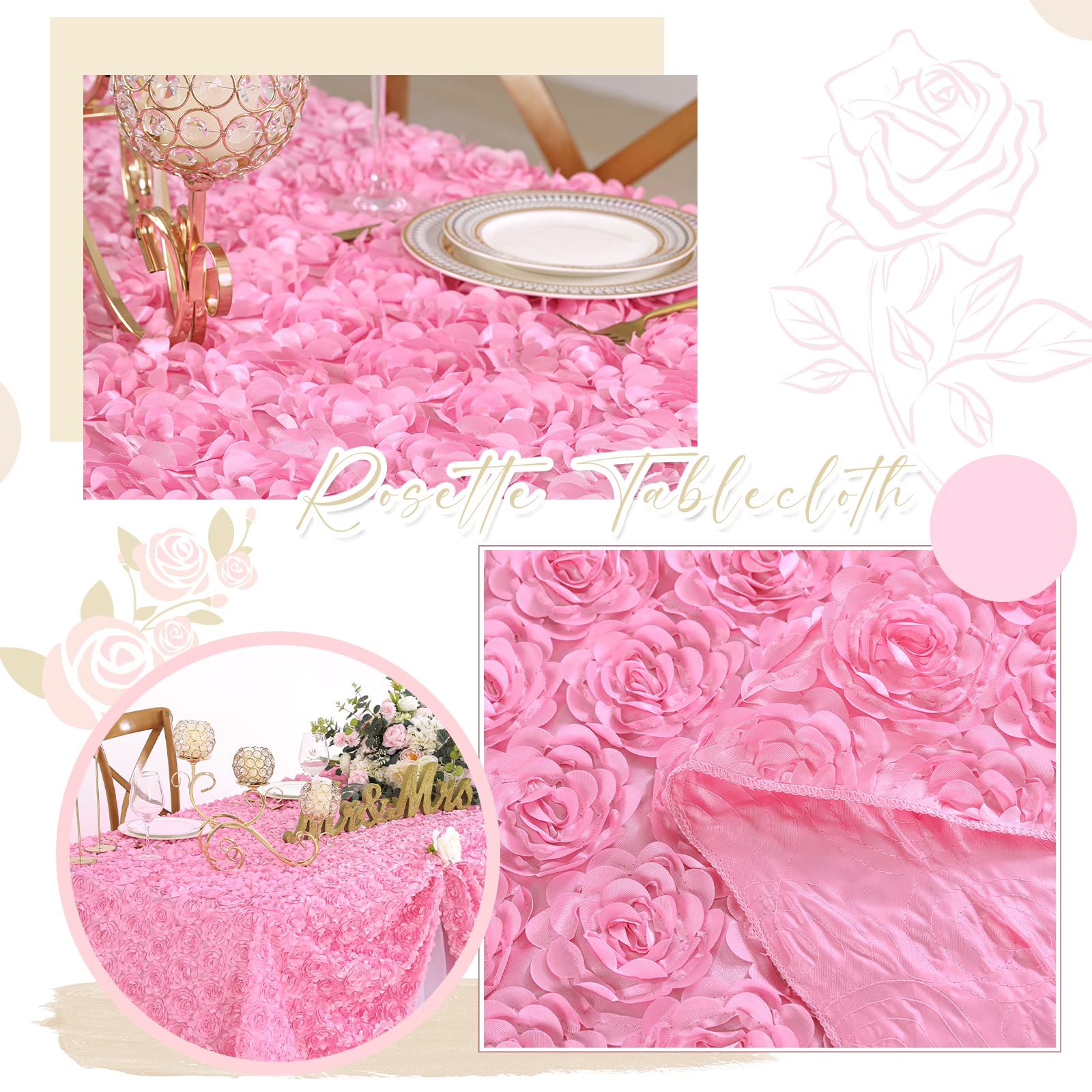 Fanqisi Pink Rosette Tablecloth 50X80 Inches Wholesale Rectangle Table Cover Rosette 3D Satin Tablecloth For Dinner Wedding Birt