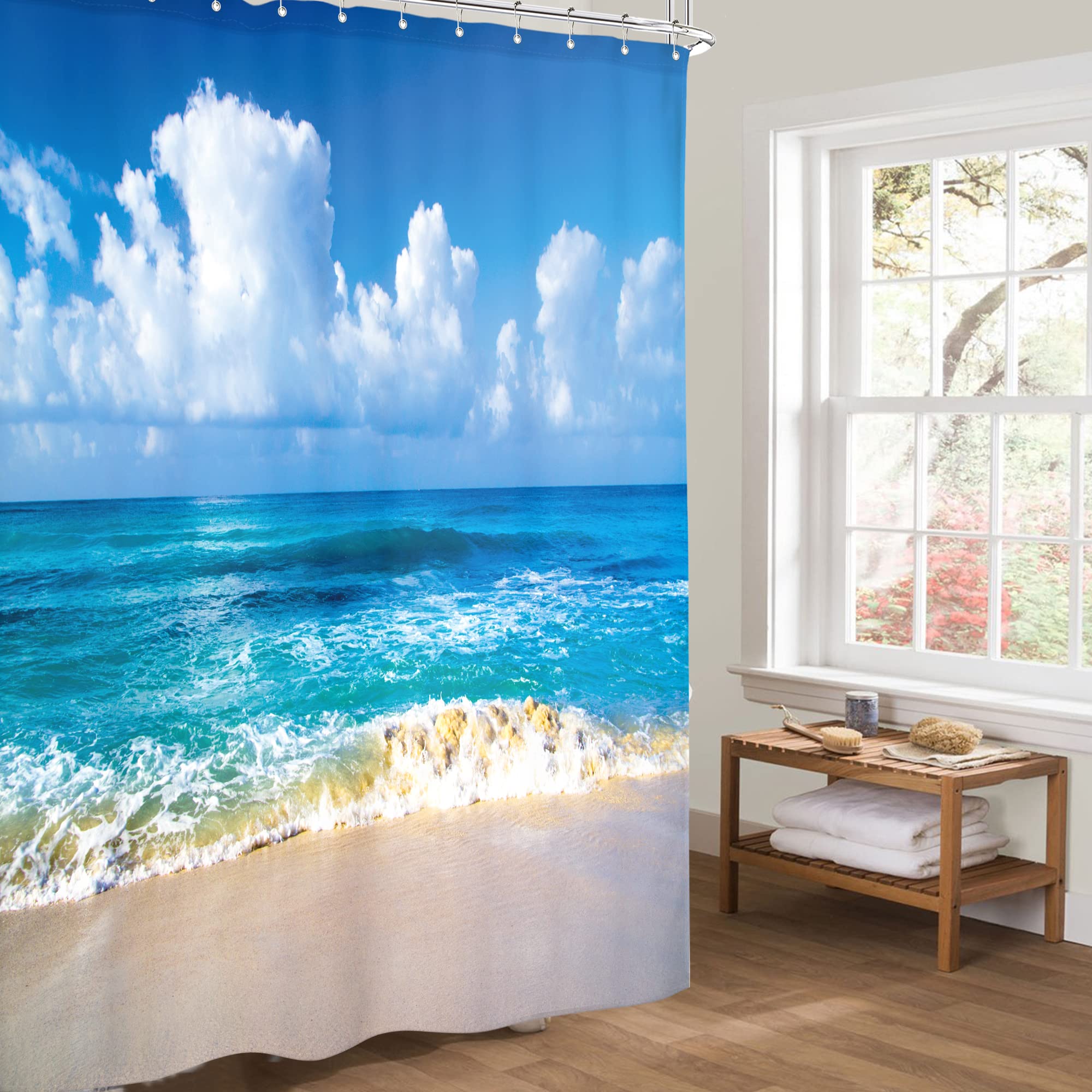 Riyidecor Ocean Sea Beach Shower Curtain Seaside Landscape Hawaiian Island 60Wx72H Inch Summer Seashore Coastal Scenery Seawave Holiday Fabric Decor Bathroom Polyester Waterproof 12 Pack Hooks