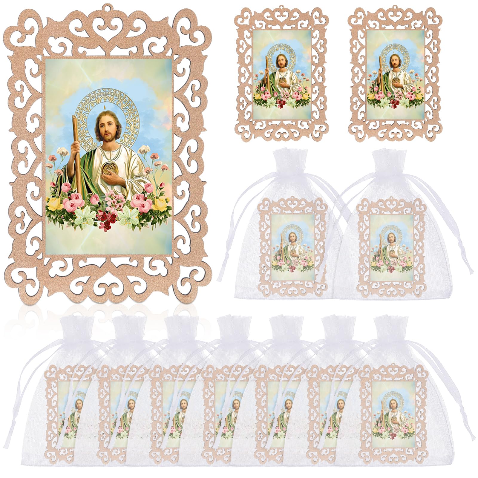 Quelay 12 Pcs Catholic Saint Jude Wooden Picture Frames with Organza Gift Bags Baptism Favors for Guests First Communion Christe