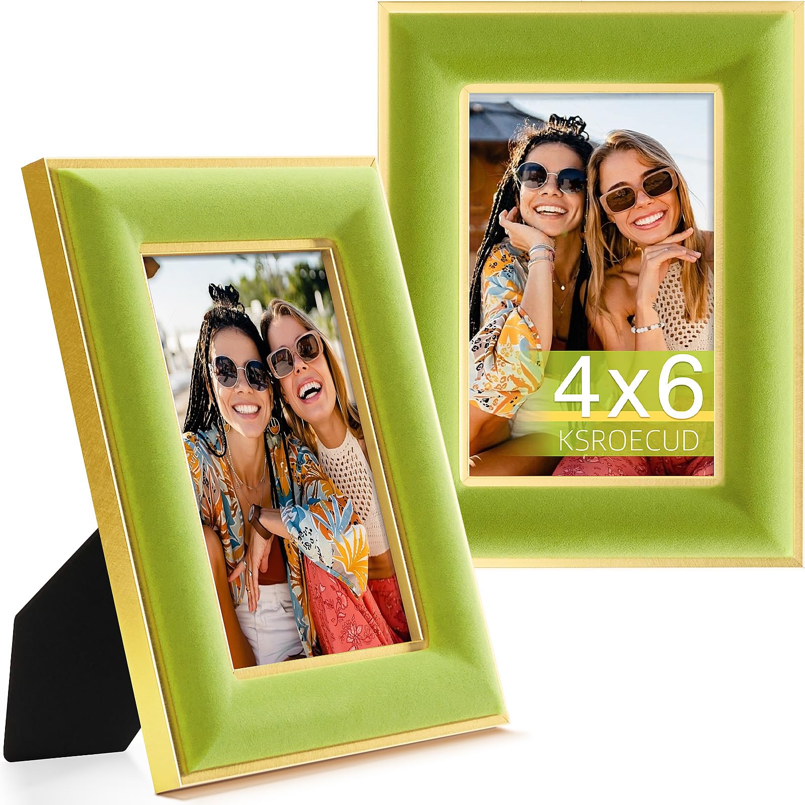 KSROECUD 4x6 Velvet Picture Frame, Light Green Photo Frames with Modern Simple Metallic Gold Border, HD Real Glass Horizontal & 