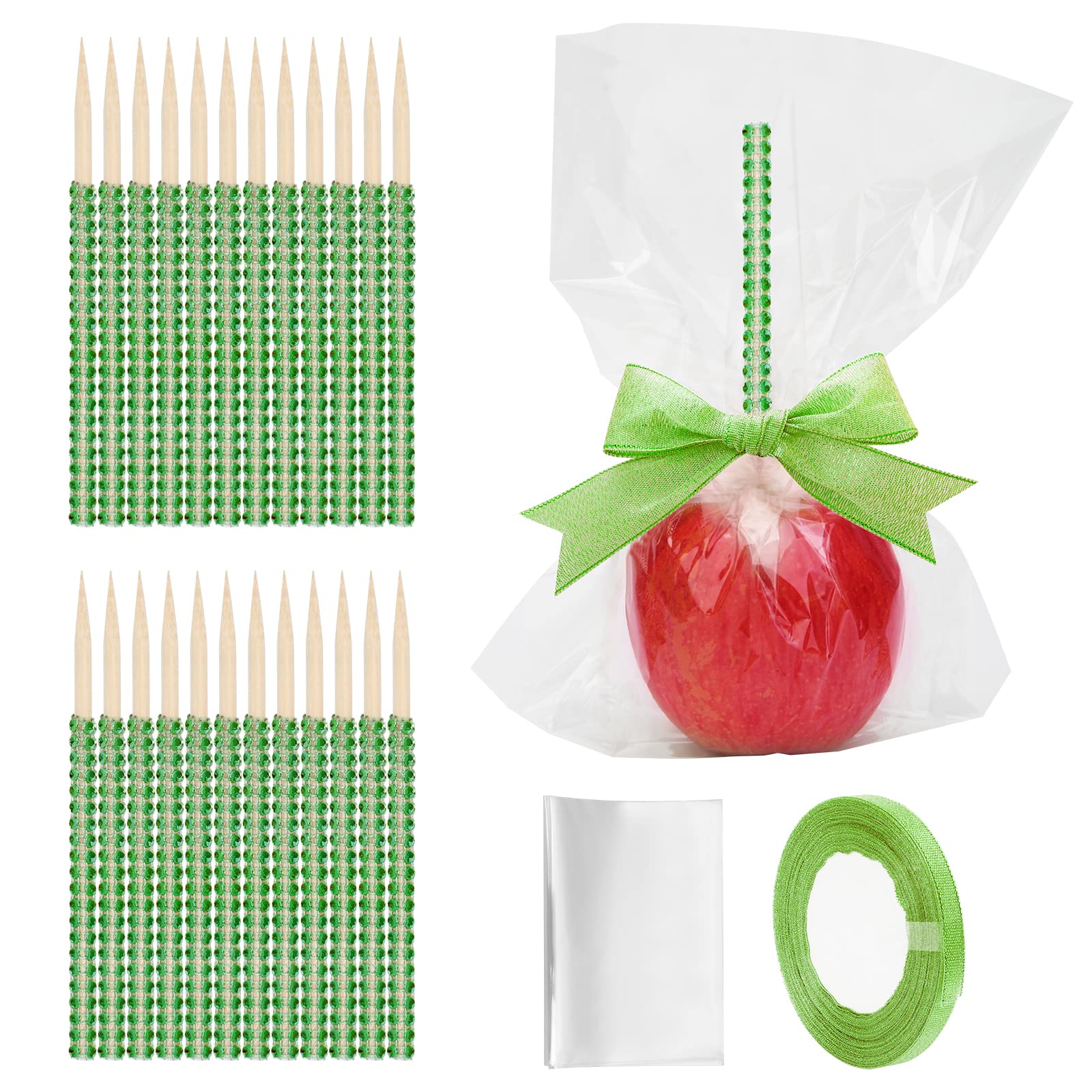 Anglecai 24Pcs Candy Apple Stick Kit, 24P Bling Stick for Apple Rhinestone Wooden Skewers with 24P Bags/ 25 Yard Glitter Ribbon,