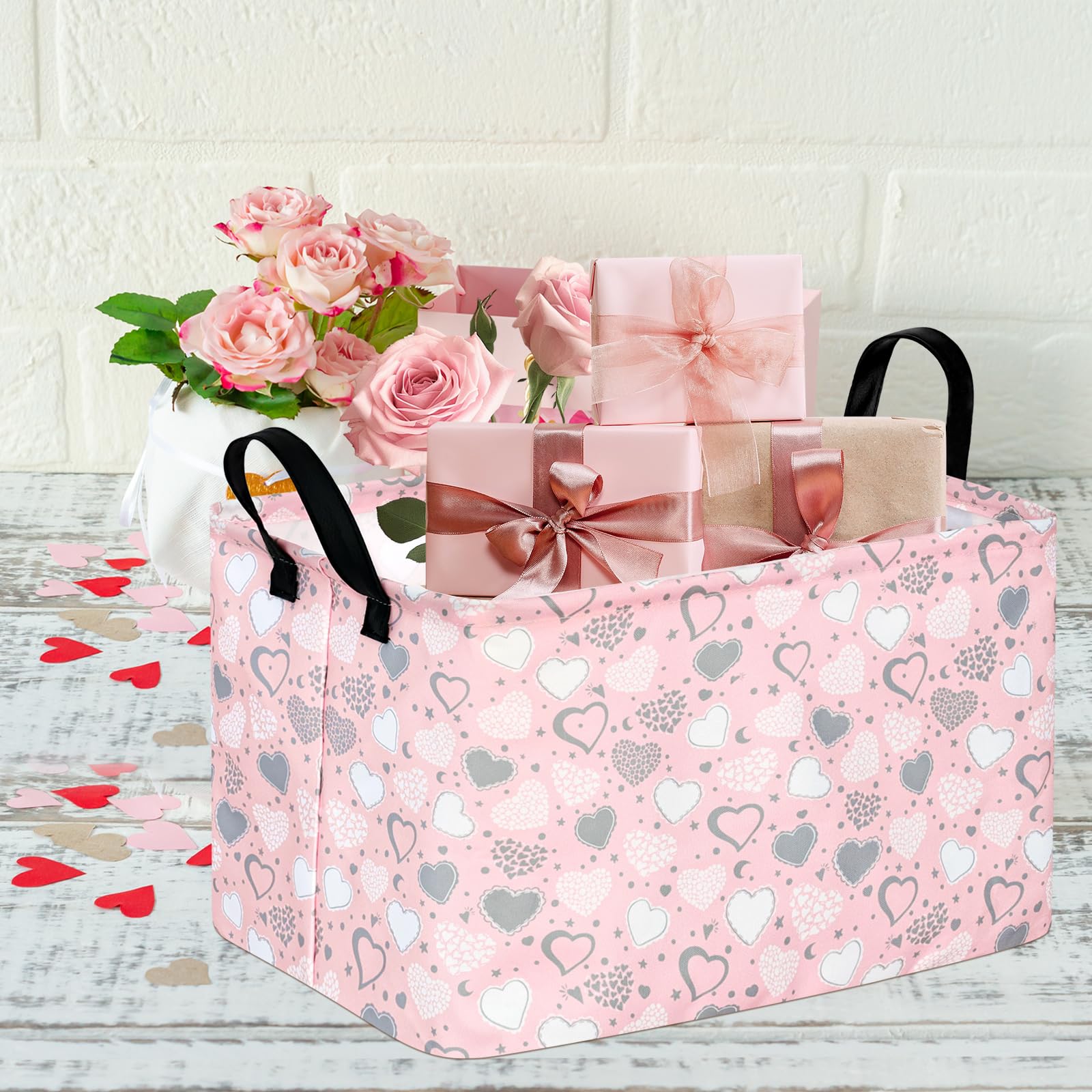 Acmuuni Pink Basket Valentine Gift Basket - Love Hamper With Handles For Kids Laundry