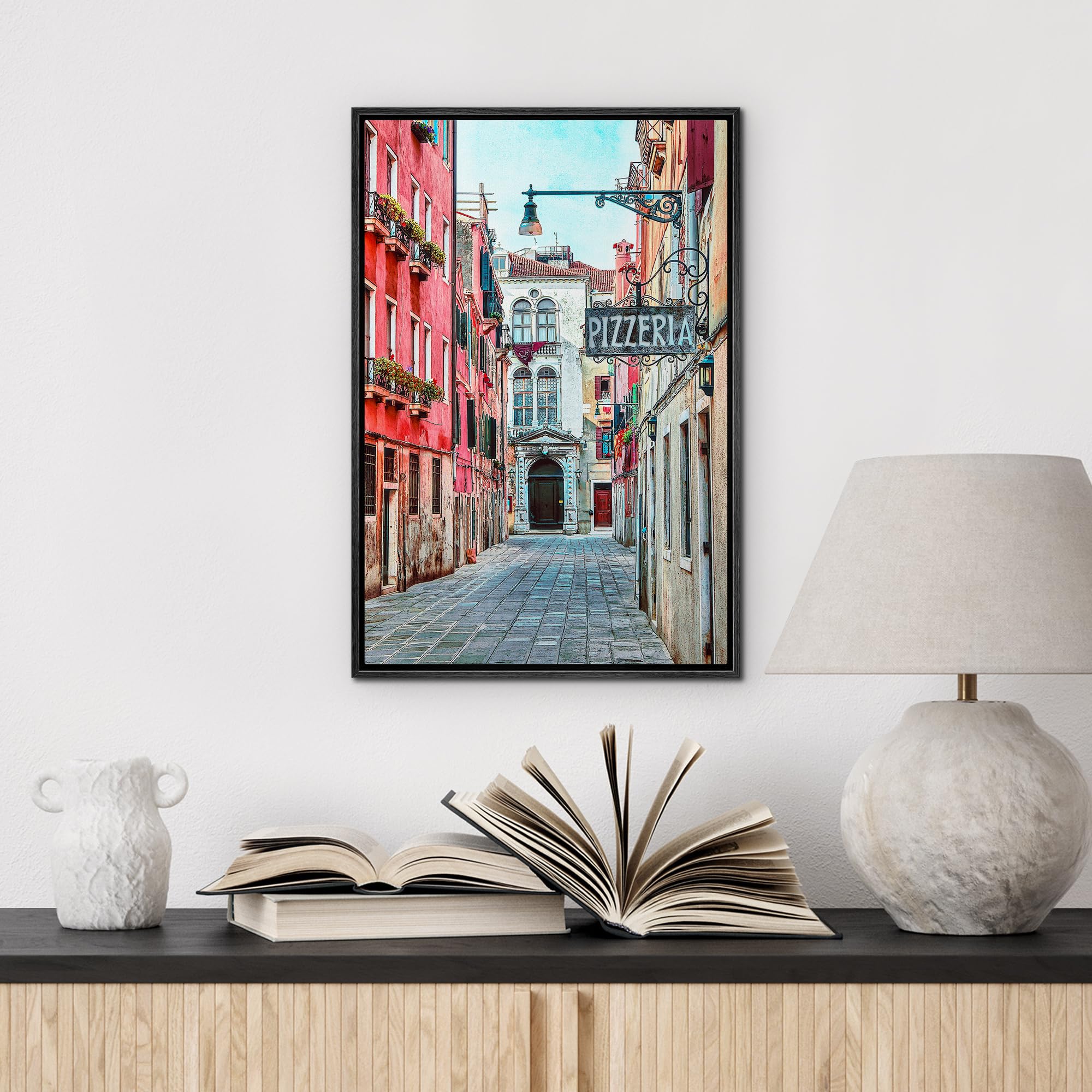 Wall26 Framed Canvas Wall Art Quaint Street In Historic Venice, Italy With Pizzeria Sign - Gallery Wrap Modern Home Art | Ready