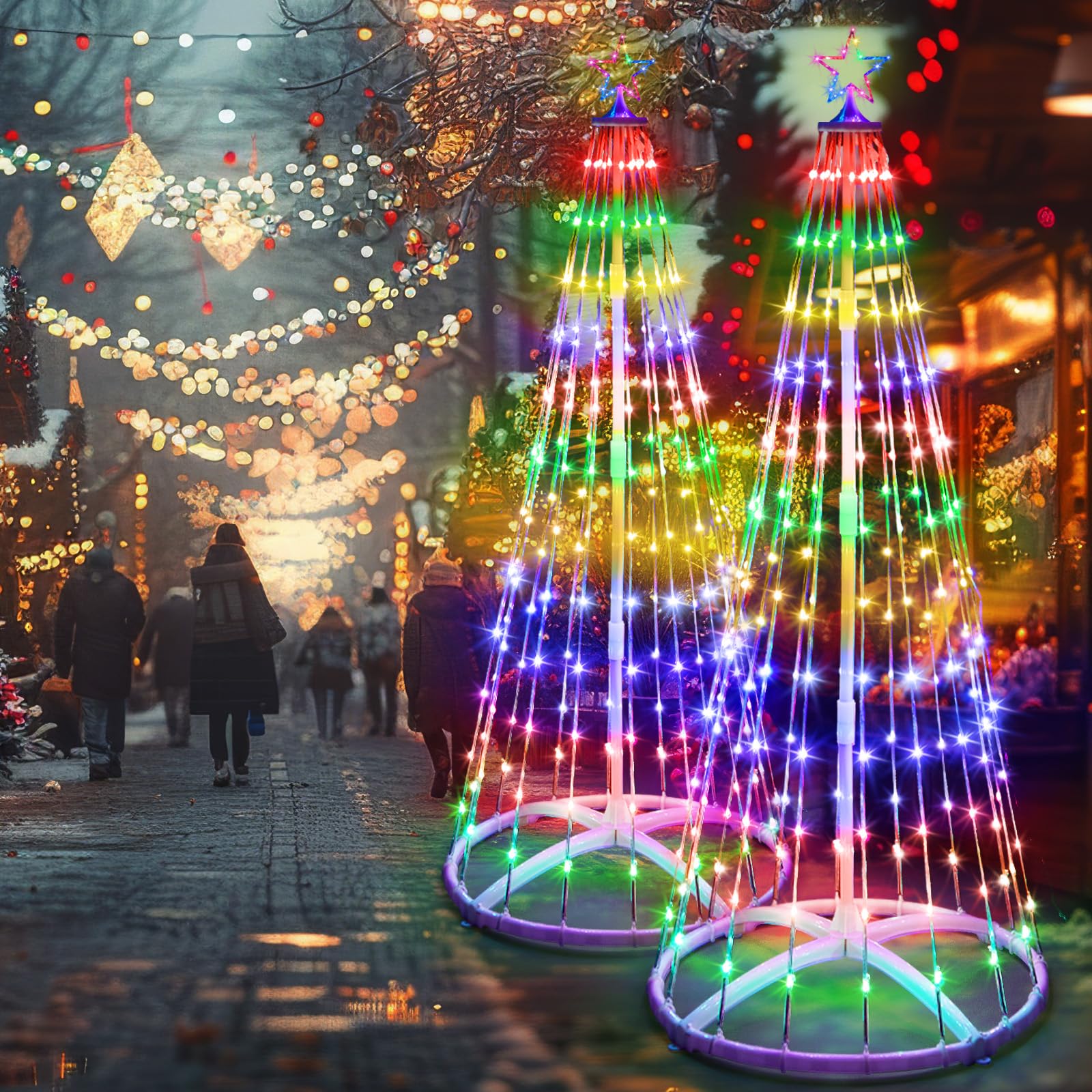 Tujoe 2 Pack 9FT Christmas LED Cone Tree Lights 24 Modes Color Changing with Timer Foldable Lighted Trees Waterproof Outdoor Str