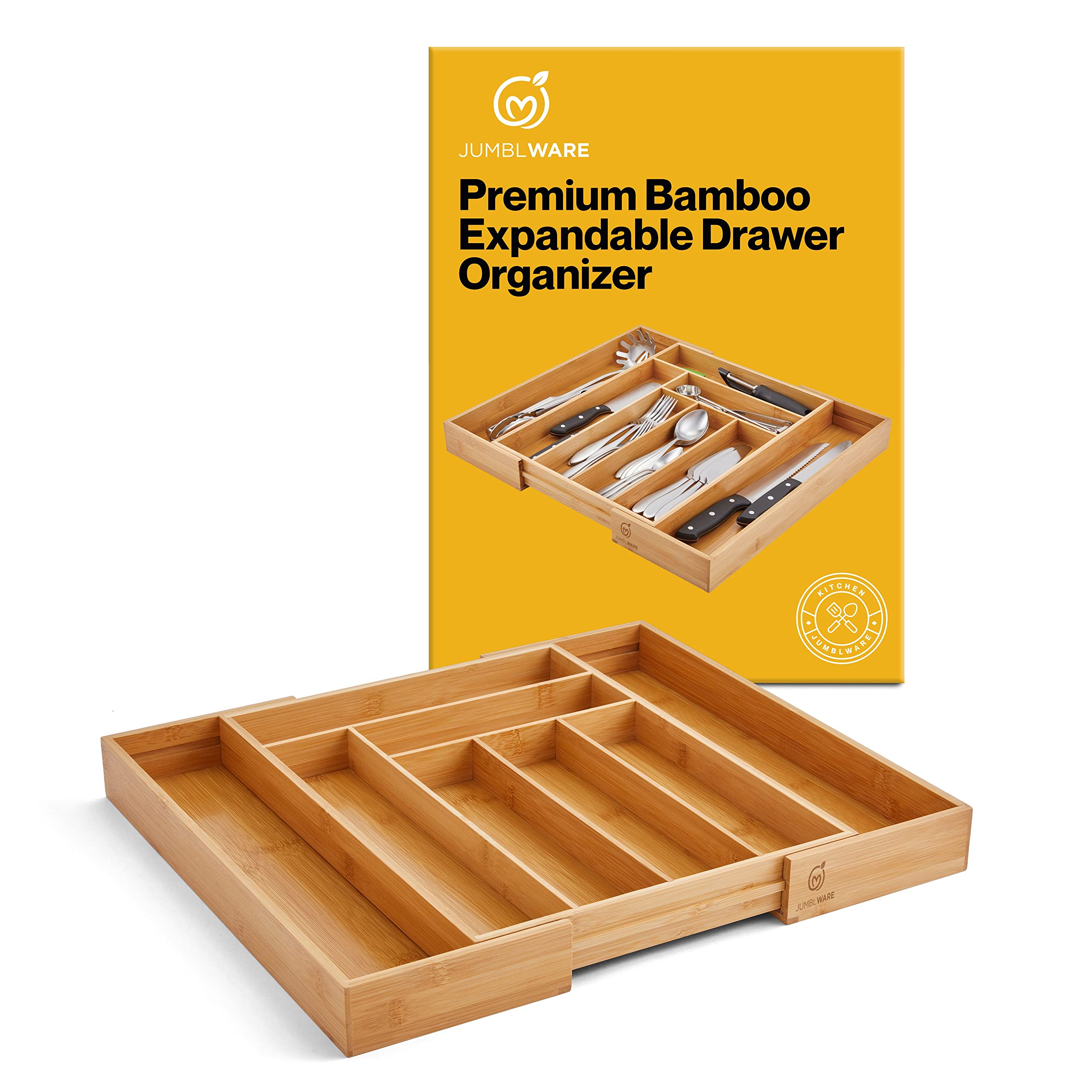Jumblware Bamboo Expandable Drawer Organizer. Wooden Storage Tray With Dividers For Silverware, Kitchen Utensils, Spices, K Cups