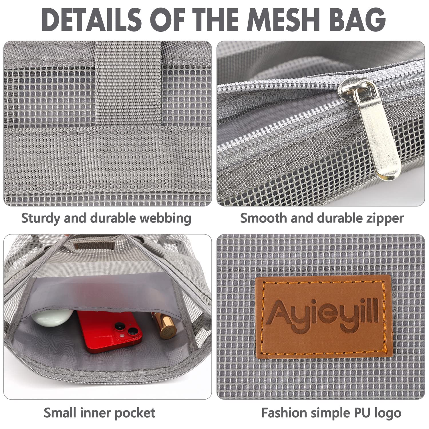 Ayieyill Shower Caddy Portable  Mesh Shower Caddy Tote Bag Quick Dry Hanging Toiletry and Bath Organizer for College Dorm  Gym  Beach  Travel or Camping?ith Zipper (2Pcs Grey)