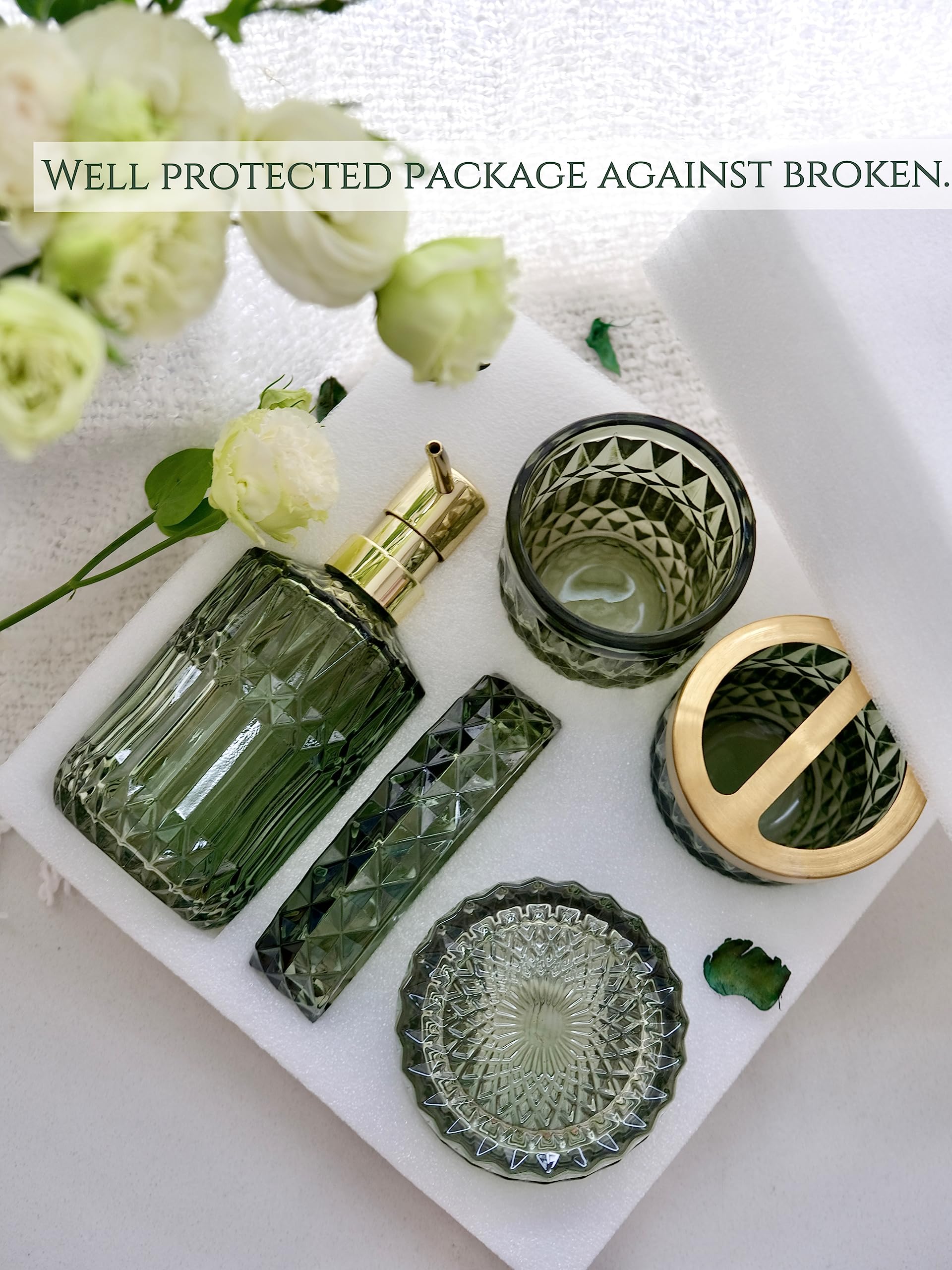 Lamarriti Green Bathroom Accessories Set, 5Pcs Clear Glass Bathroom Accessories, Vanity Bathroom Decor, Hand Soap Dispenser, Soa