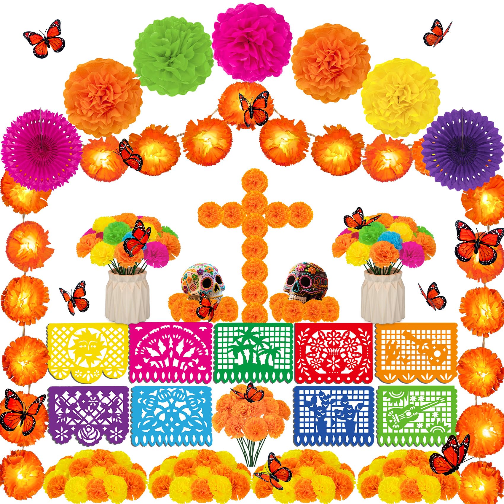 79 Pcs Day of The Dead Decorations Set, 10 Ft 20 LED Marigold Garland, 9 Mexican Banner, 50 Marigold Flowers with Stem, 7 Paper