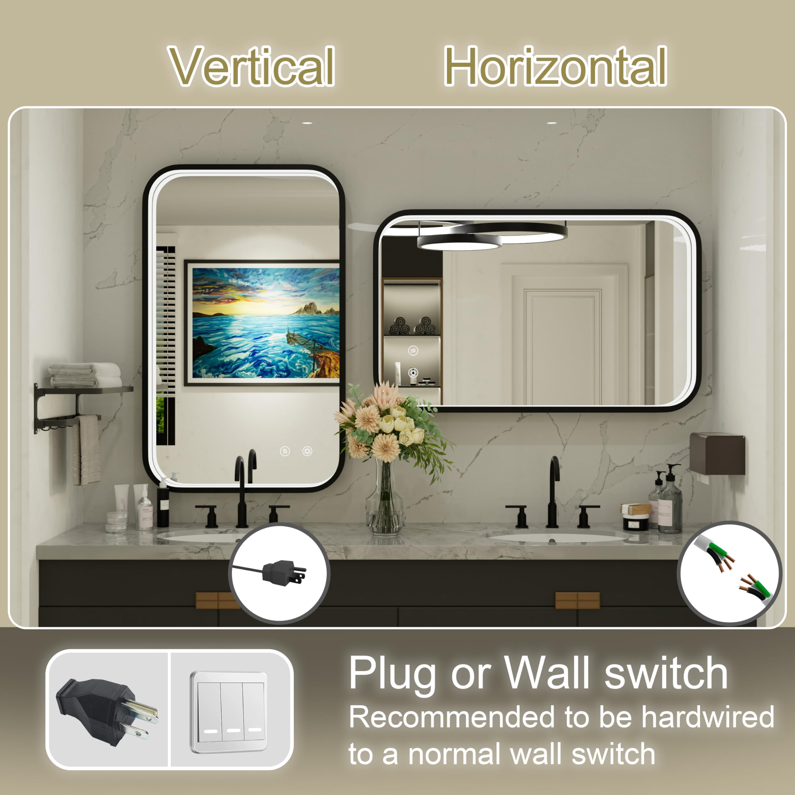 Jsneijder 24X36 Inch Led Bathroom Mirror With Black Frame, Wall Mounted Lighted Mirror For Bathroom, Stepless Dimmable Anti-Fog
