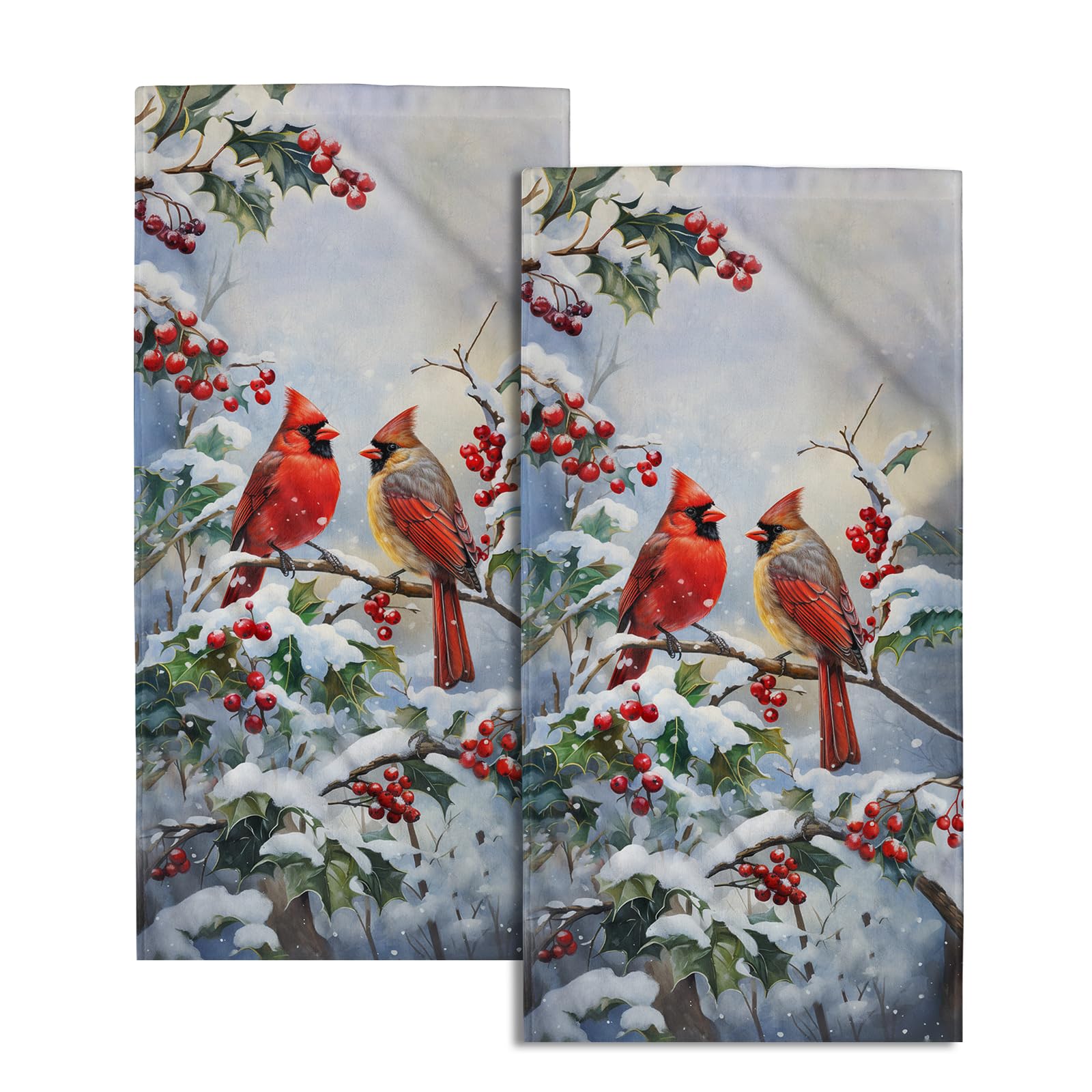 Winter Red Bird Hand Towels Pack Of 2 Sweet Couple Cardinal Fingertip Towels Birds Holly Berry Branches Snow Christmas Holiday B