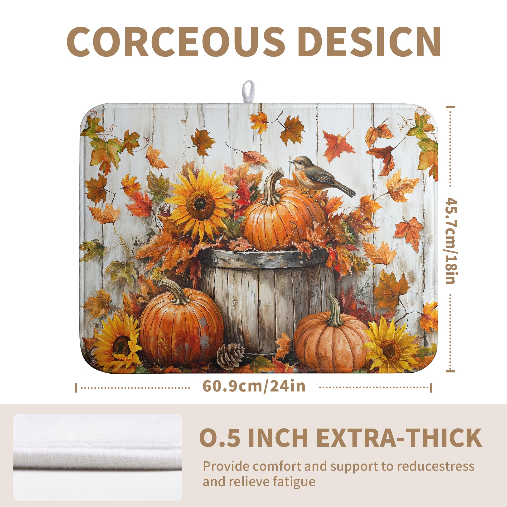 Wnoesat Fall Dish Drying Mat for Kitchen Counter Pumpkin Sunflower Maple Leaf Birds Drying Mats Autumn Thanksgiving Harvest Dish