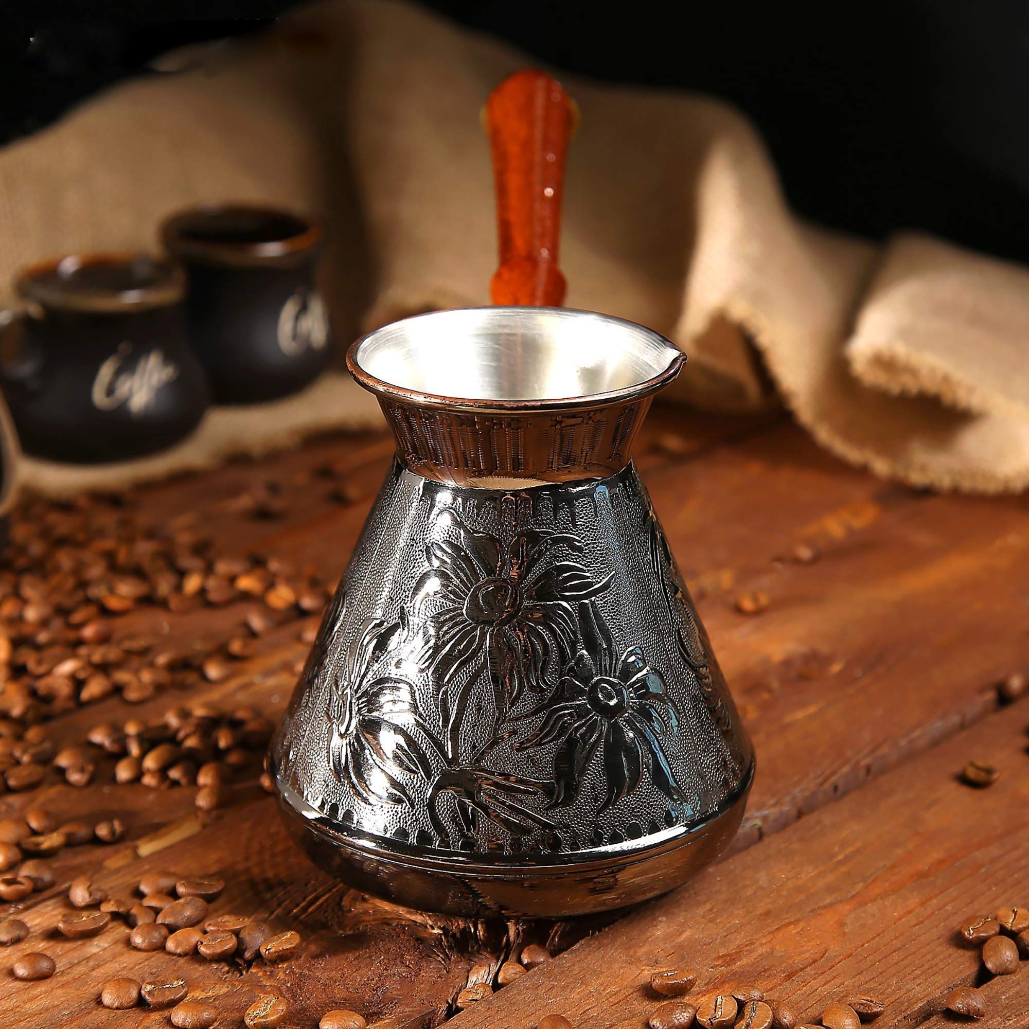 25 Oz Copper Turkish Greek Arabic Engraved Coffee Pot Stovetop Coffee Maker Cezve Ibrik Briki With Wooden Handle
