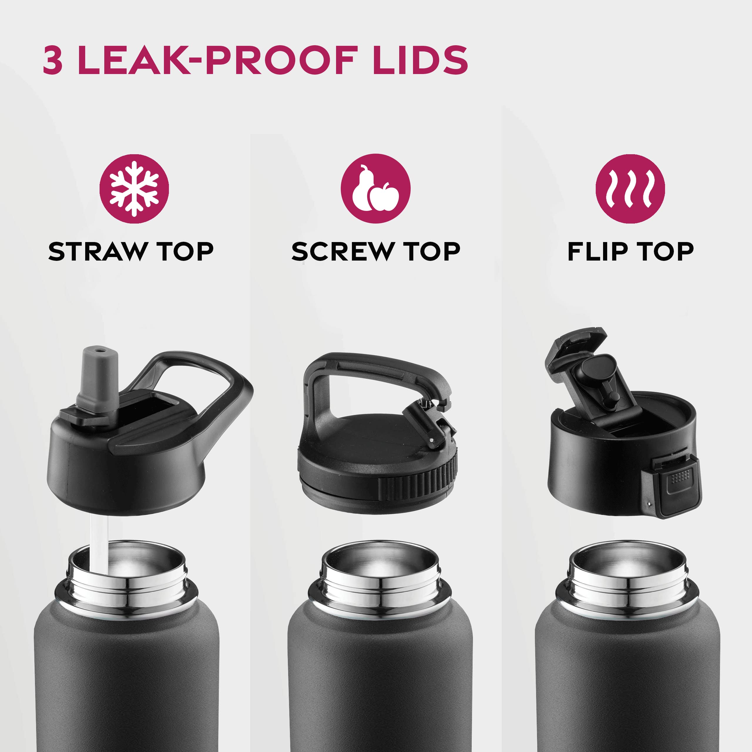FineDine 25 Oz Insulated Water Bottle with Straw - Triple Walled Stainless Steel Metal Bottle W/ 3 Leak Proof Lids - For Travel,