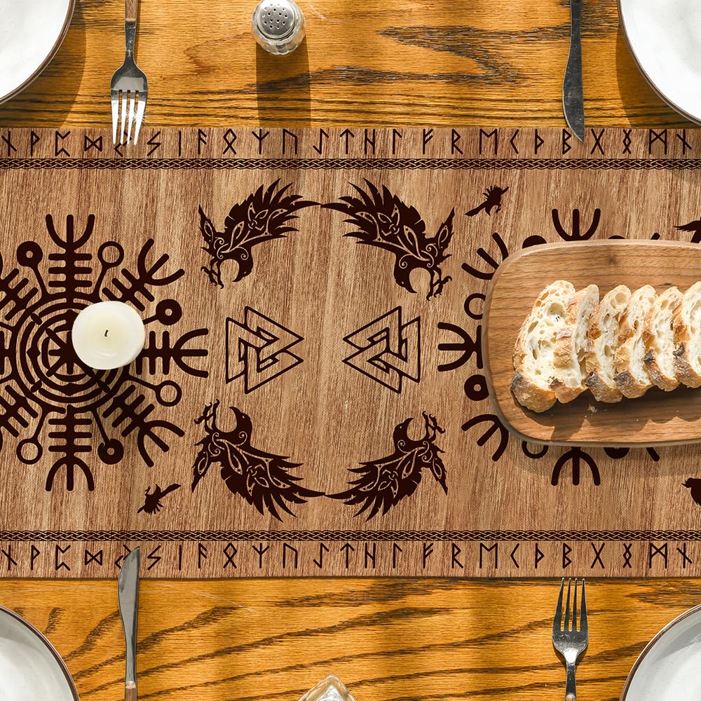 Artoid Mode Wood Viking Tree Of Life Raven Helmet Of Awe Table Runner, Seasonal Kitchen Dining Table Decoration For Home Party D