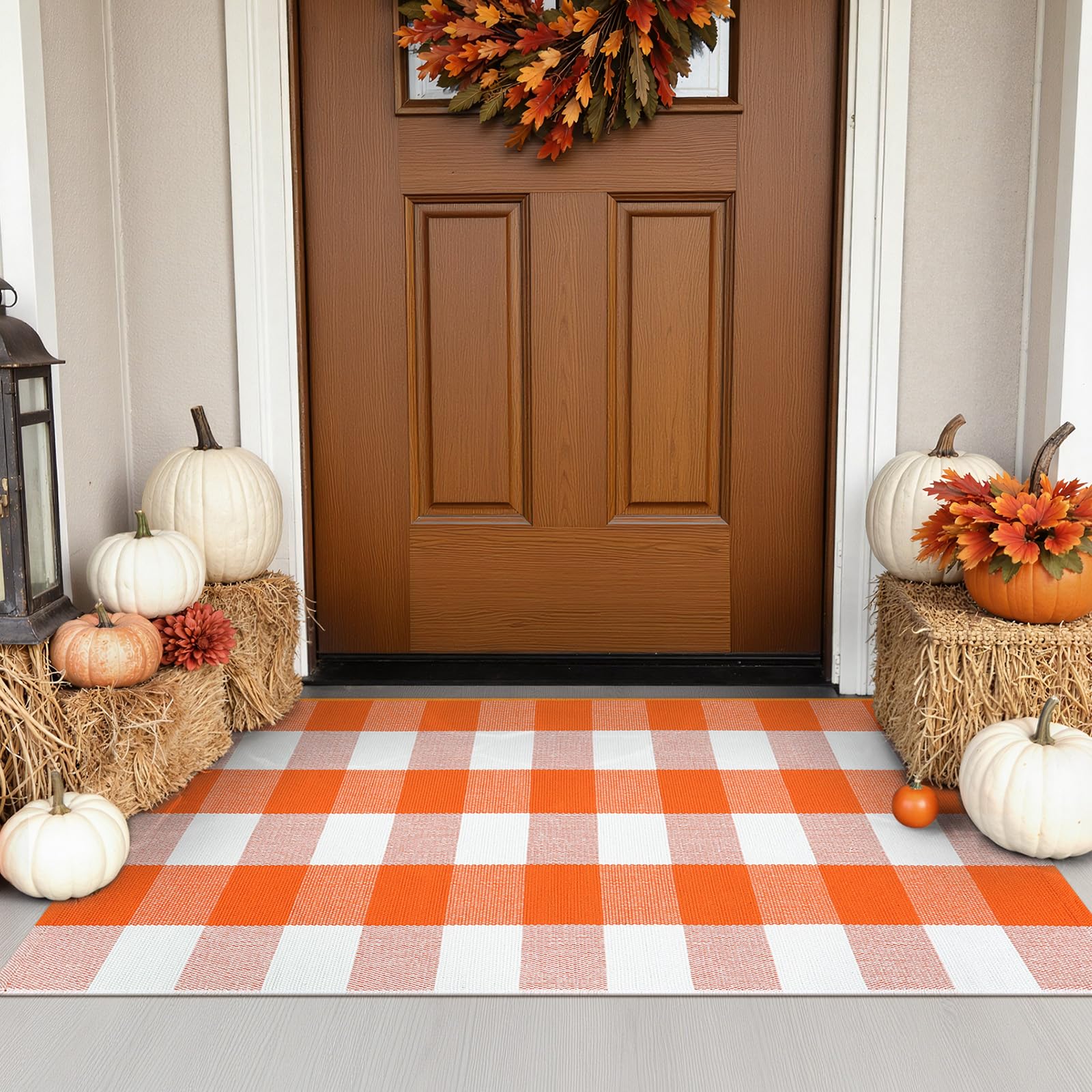KIMODE Halloween Door Mat Outdoor 27.5 x43 , Fall Decor Buffalo Plaid Outdoor Rug,Farmhouse Checkered Layered Welcome Door Mat f