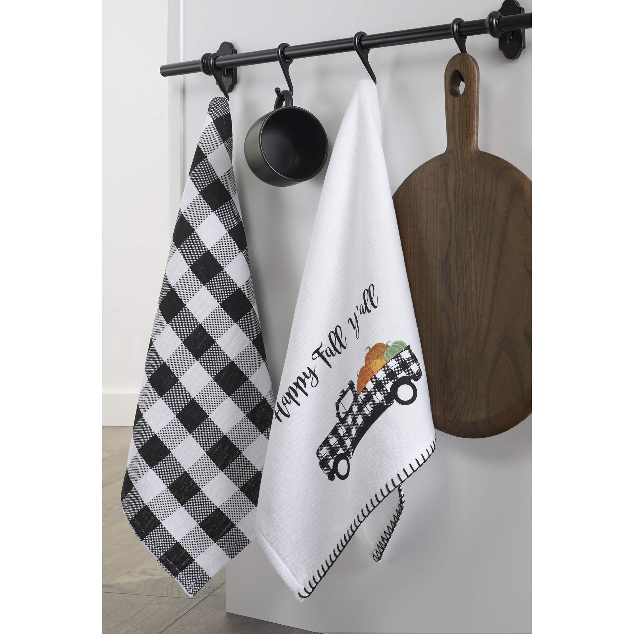 Elrene Home Fashions Farmhouse Living Happy Fall Y'All And Check Farm Truck Kitchen Towel Set, 18'' X 28'', Black/White, 18'' X