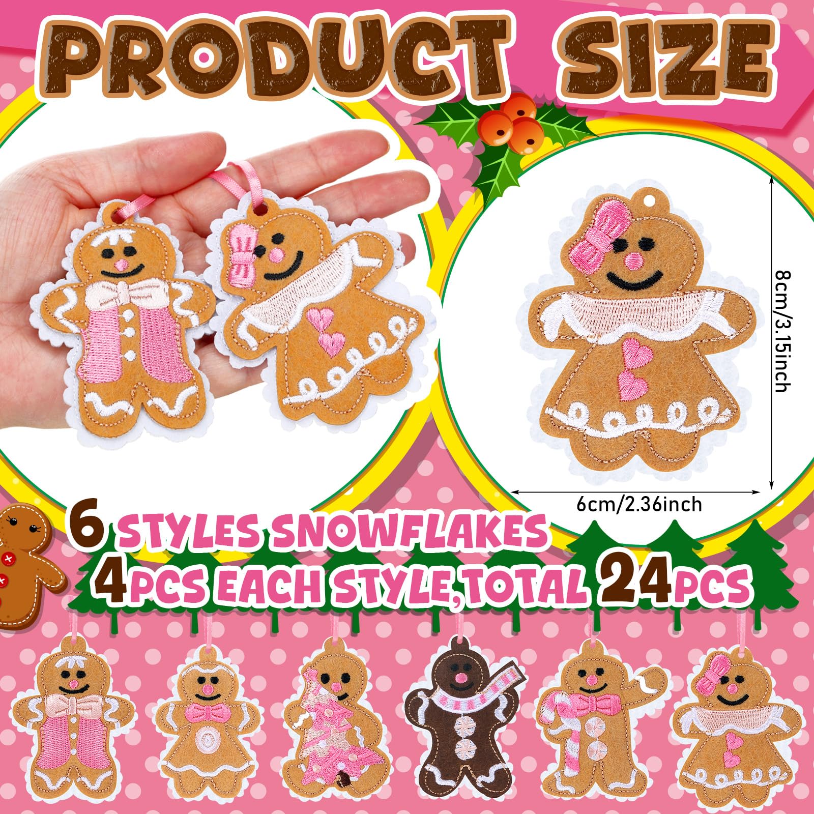 Civaner 24 Pcs Pink Gingerbread Christmas Embroidery Ornaments Felt Embroidery Rustic Christmas Hanging Ornaments Pendants for X