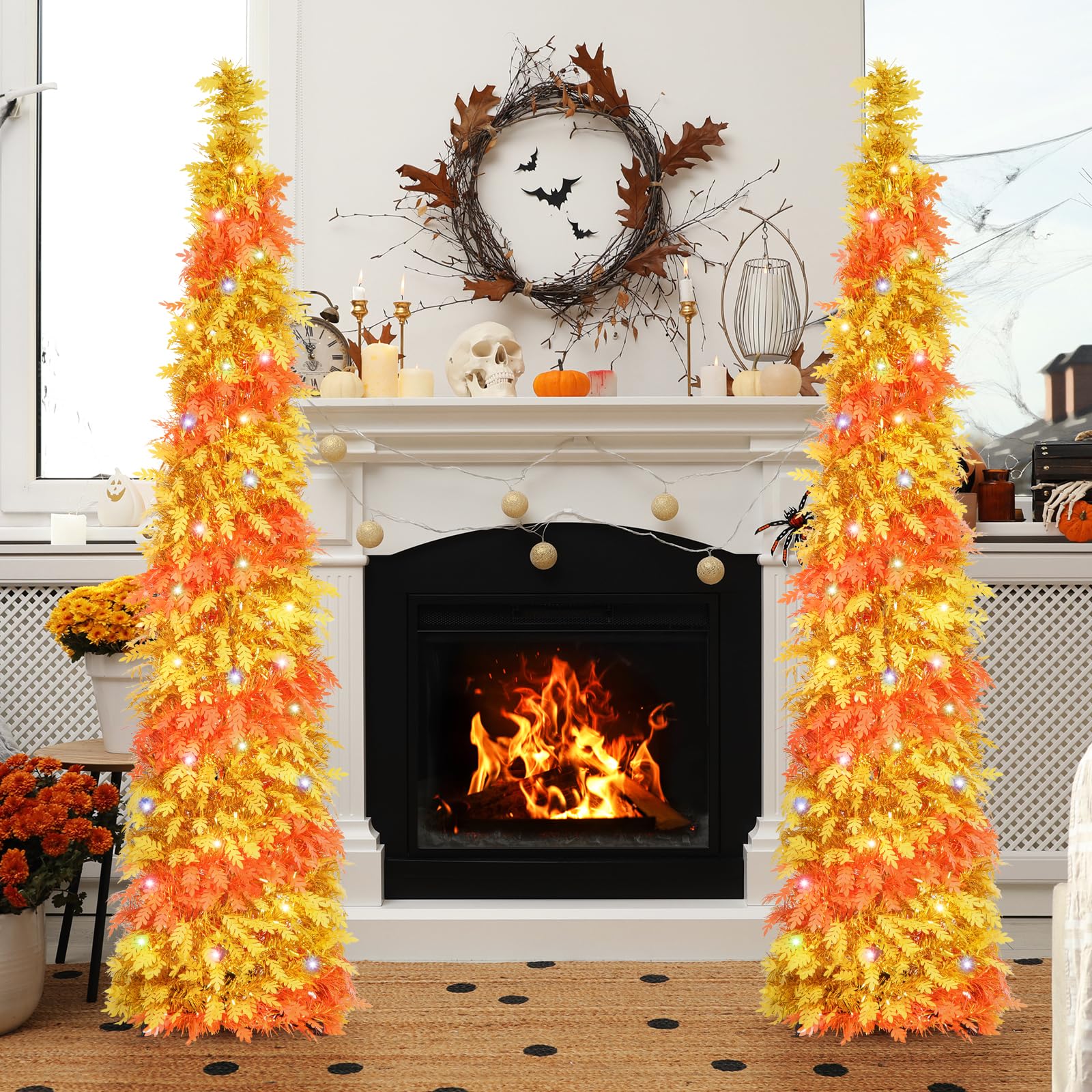 N&T NIETING Fall Tree Home Decor, Pop Up Tree with Lights & Timer & 8 Modes, Collapsible Tinsel Pencil Tree for Autumn Harvest P