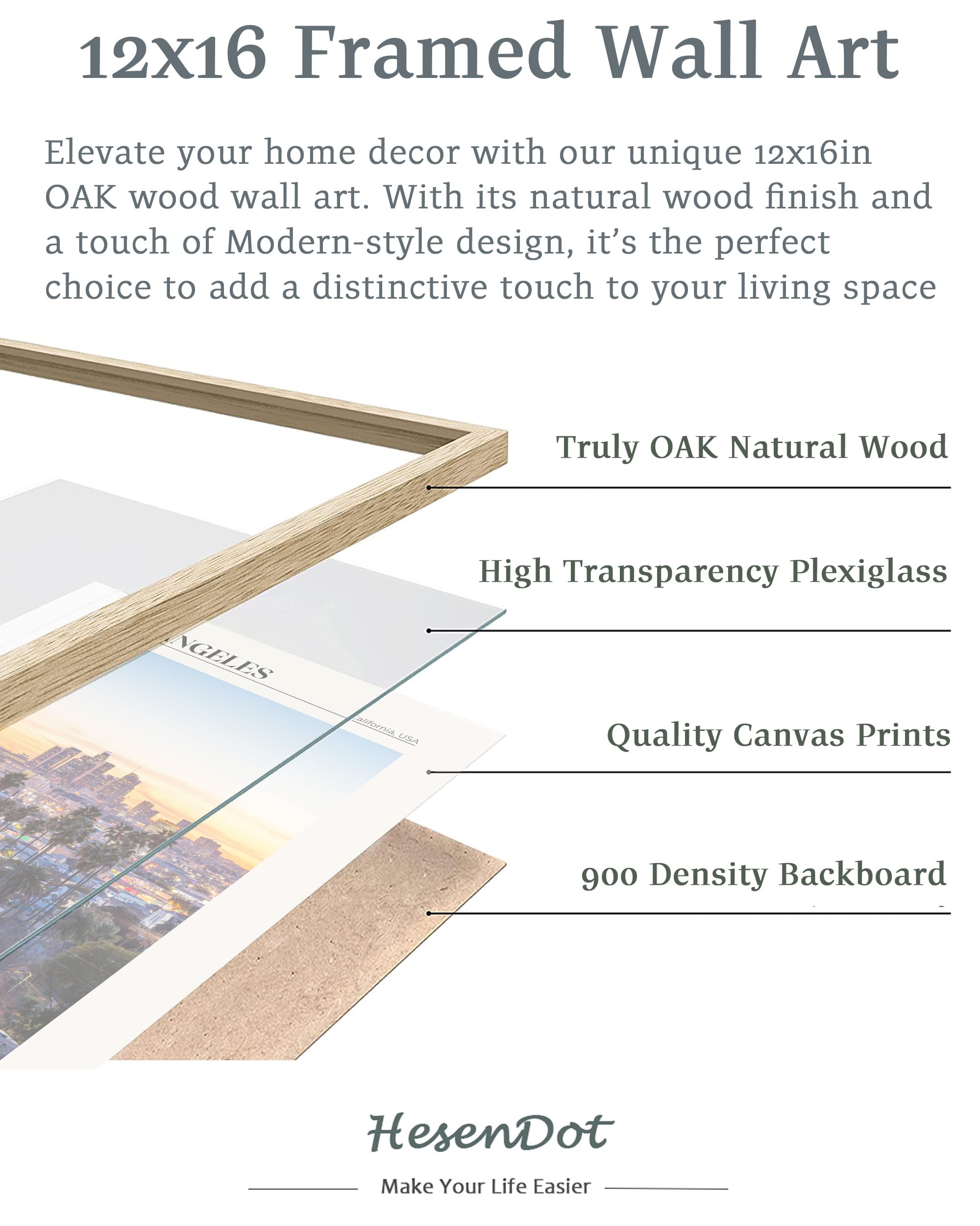 Hesendot Natural Oak Wood Los Angeles Cityscape Framed Wall Art,12X16In City Skyline Canvas Wall Print,Modern Urban Landmark Wal