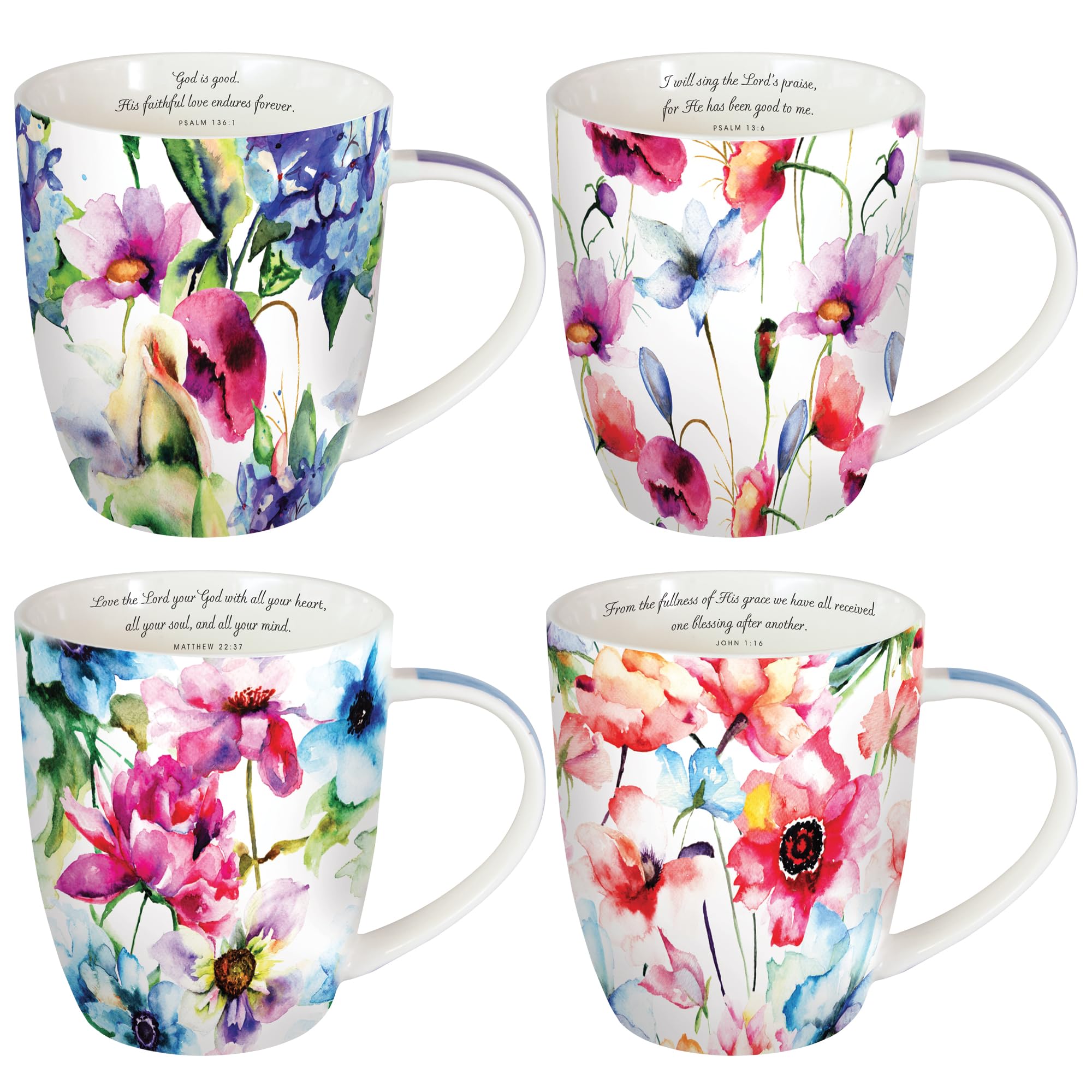 Christian Art Gifts Ceramic Coffee or Tea Mug Set for Women, Seeds of Love Garden Blooms Design Bible Verse Mug Set, Boxed Set o