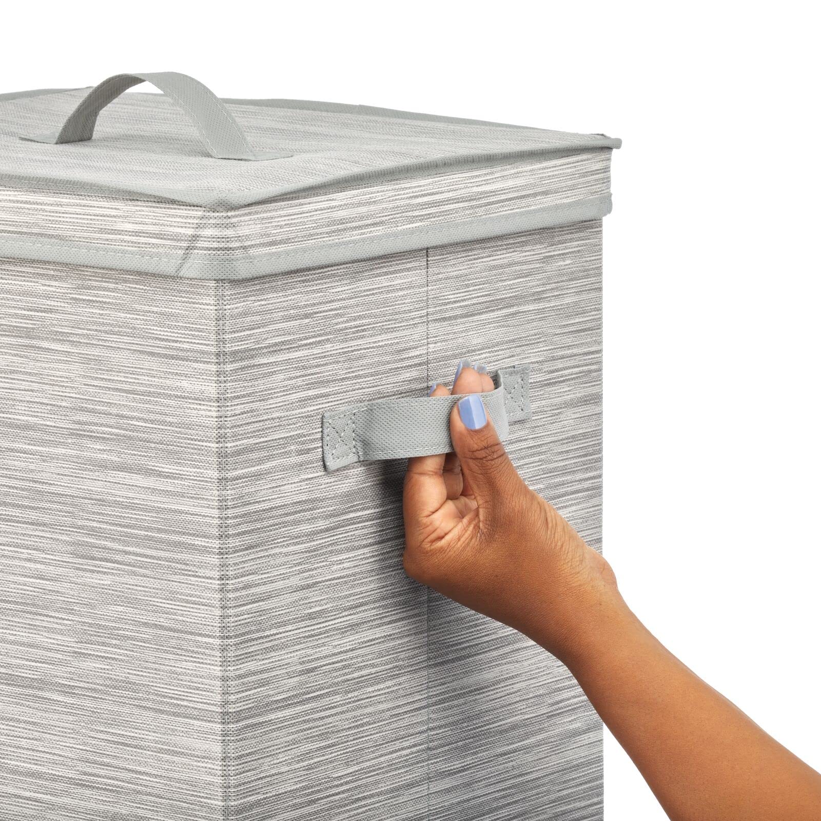 mDesign Tall Gift-Wrapping Paper Storage Box with Handles  Holder for Christmas and Holiday Organizer Container - Removable Lid for Rolls of Wrap  Inside Closet Storage Totes  Stripe  Taupe/Tan