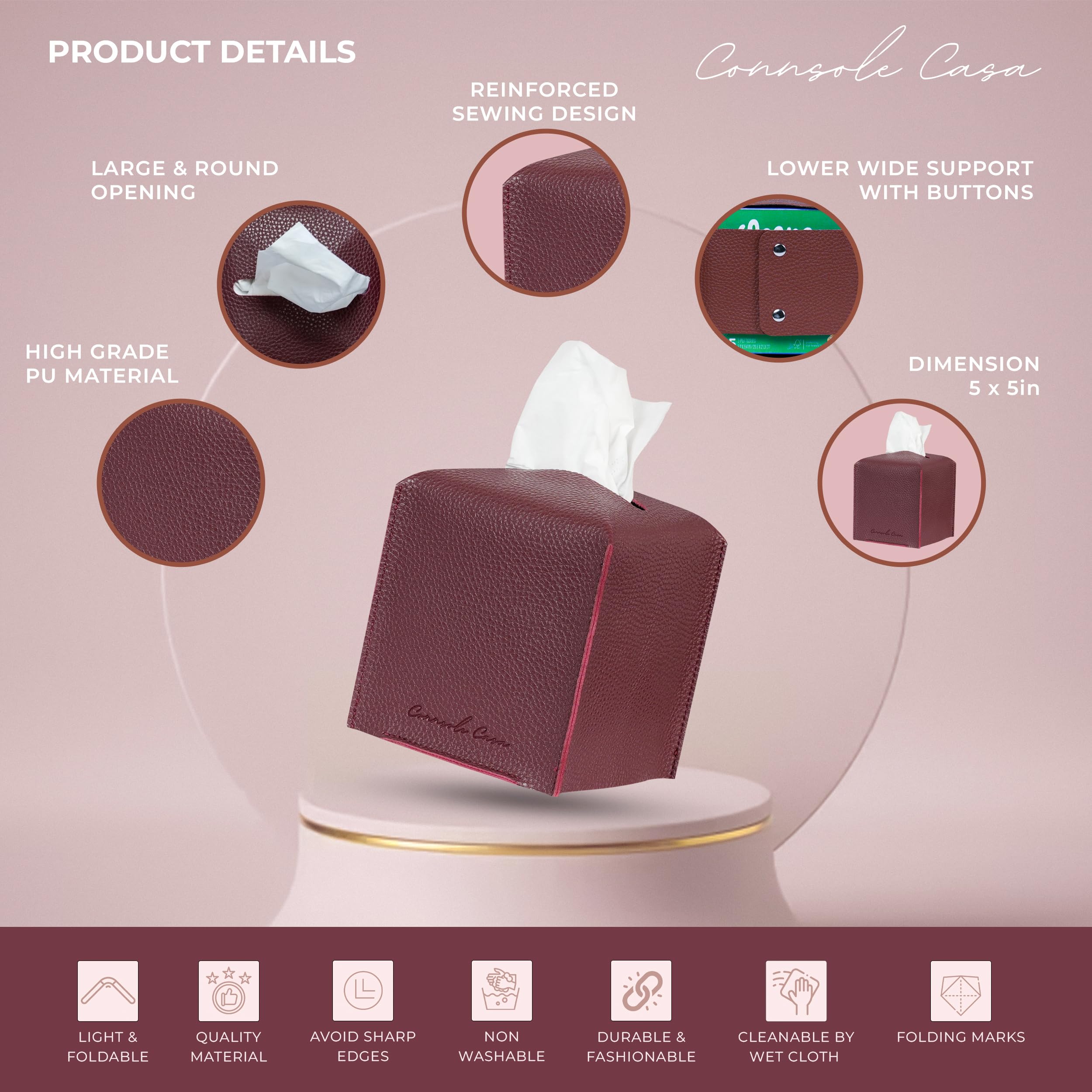 Connsole Casa Premium Pu Leather Tissue Box Holder - Elegant Hotel-Style Cherry Red Tissue Box Cover Enhanced D  Cor Of Home, Of