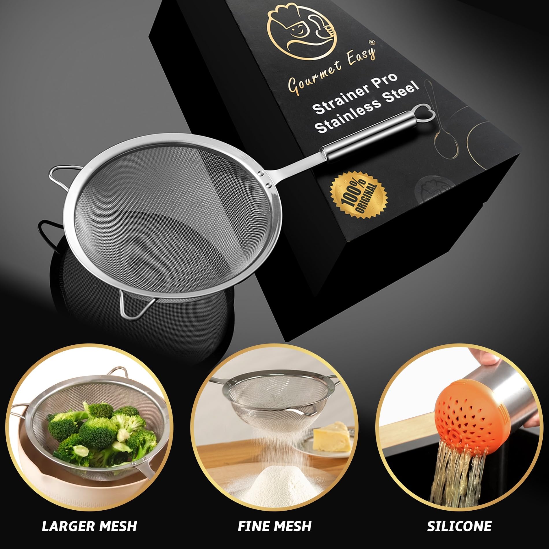 Gourmet Easy Stainless Steel Fine Mesh Strainer Set - Large Flour Sifter, Small Sieve, Silicone Can Strainer, Dishwasher Safe, Model SS1
