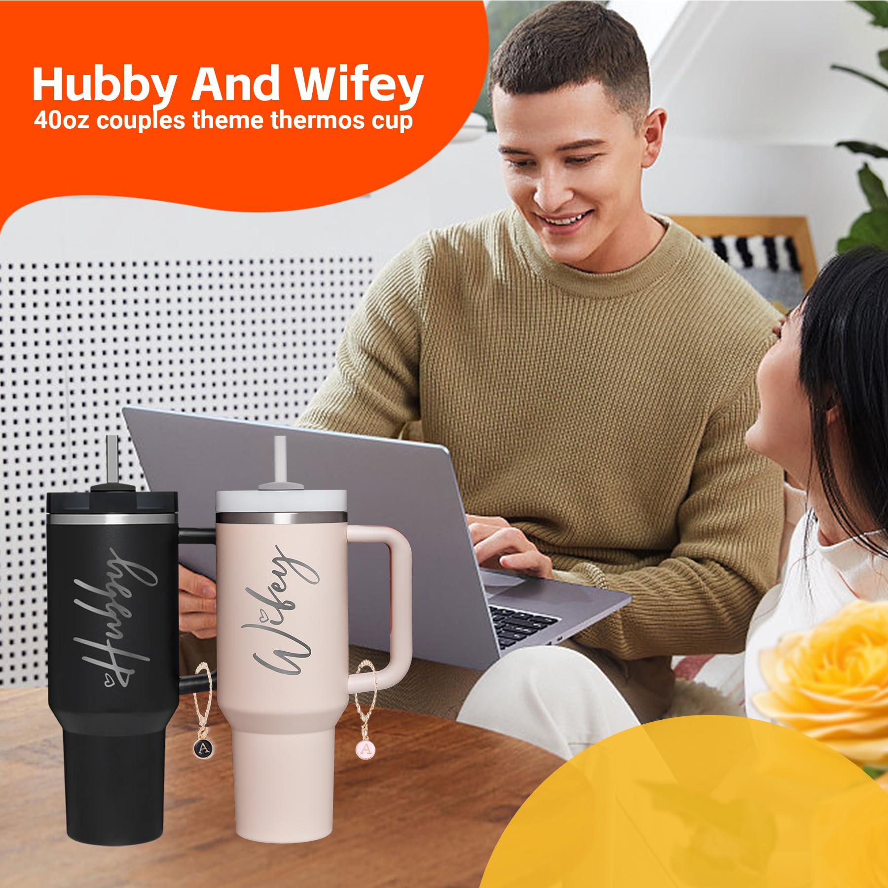 JETIKON Wifey Hubby 40 oz Tumbler Cup for Couples with Handle Lids Straws Letter Charm Accessories 2 Pack Wedding Gifts for Coup