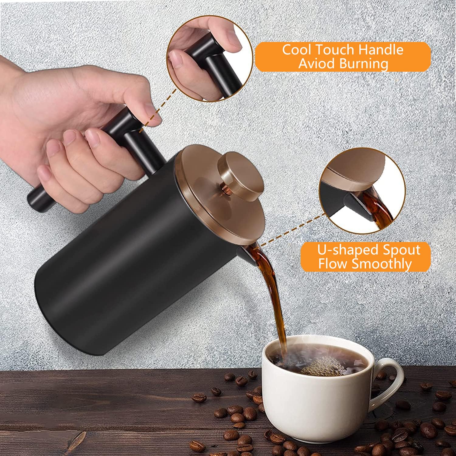 Meelio Small French Press 350Ml Coffee Maker, Black Double-Wall Insulated French Press Coffee Press Stainless Steel, Included 2
