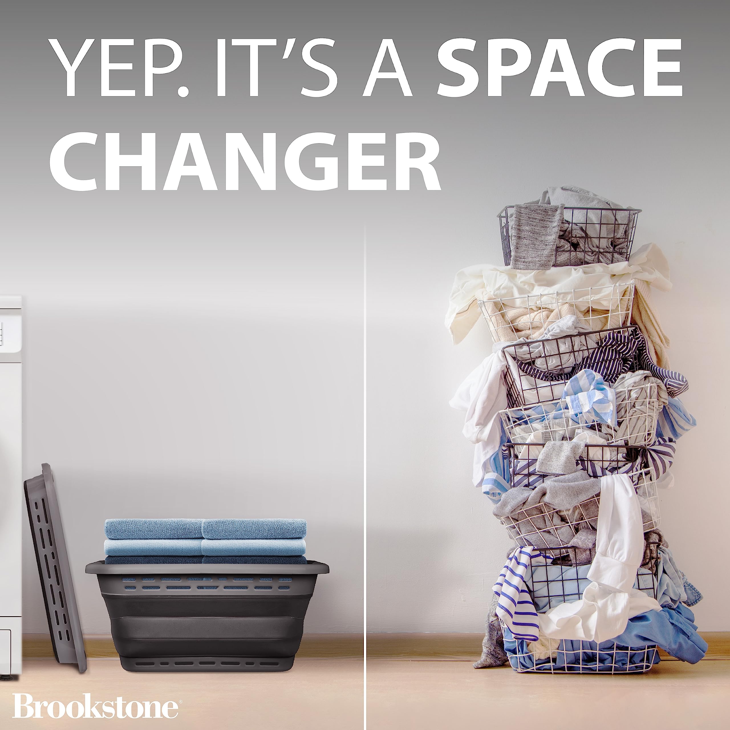 Brookstone, 1 Unit, 11 Gallons - [Our Largest Basket Ever] 24 Collapsible Laundry Basket, Comfort Non-Slip Grip Handles, Minimal
