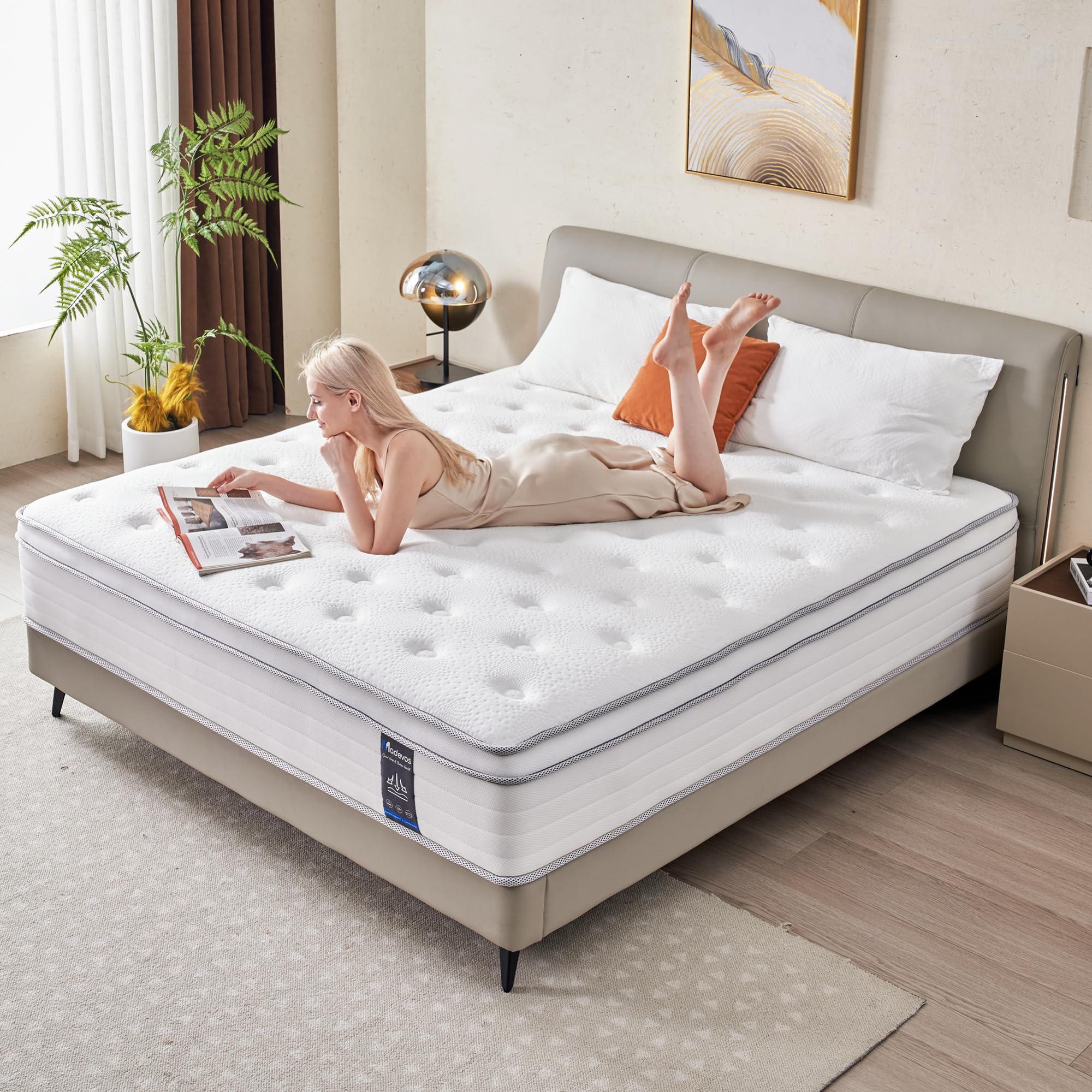 Madevos Queen Mattress, 10 Inch Hybrid Mattress In A Box, Memory Foam And Individual Pocket Springs, Fiberglass Free, Soft And B