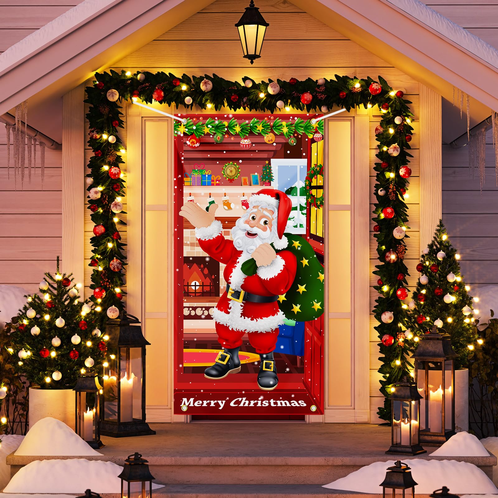 Christmas Door Cover Santa Claus Decoration Xmas Large Photography Background Banner Porch Sign For Winter Indoor Outside Front