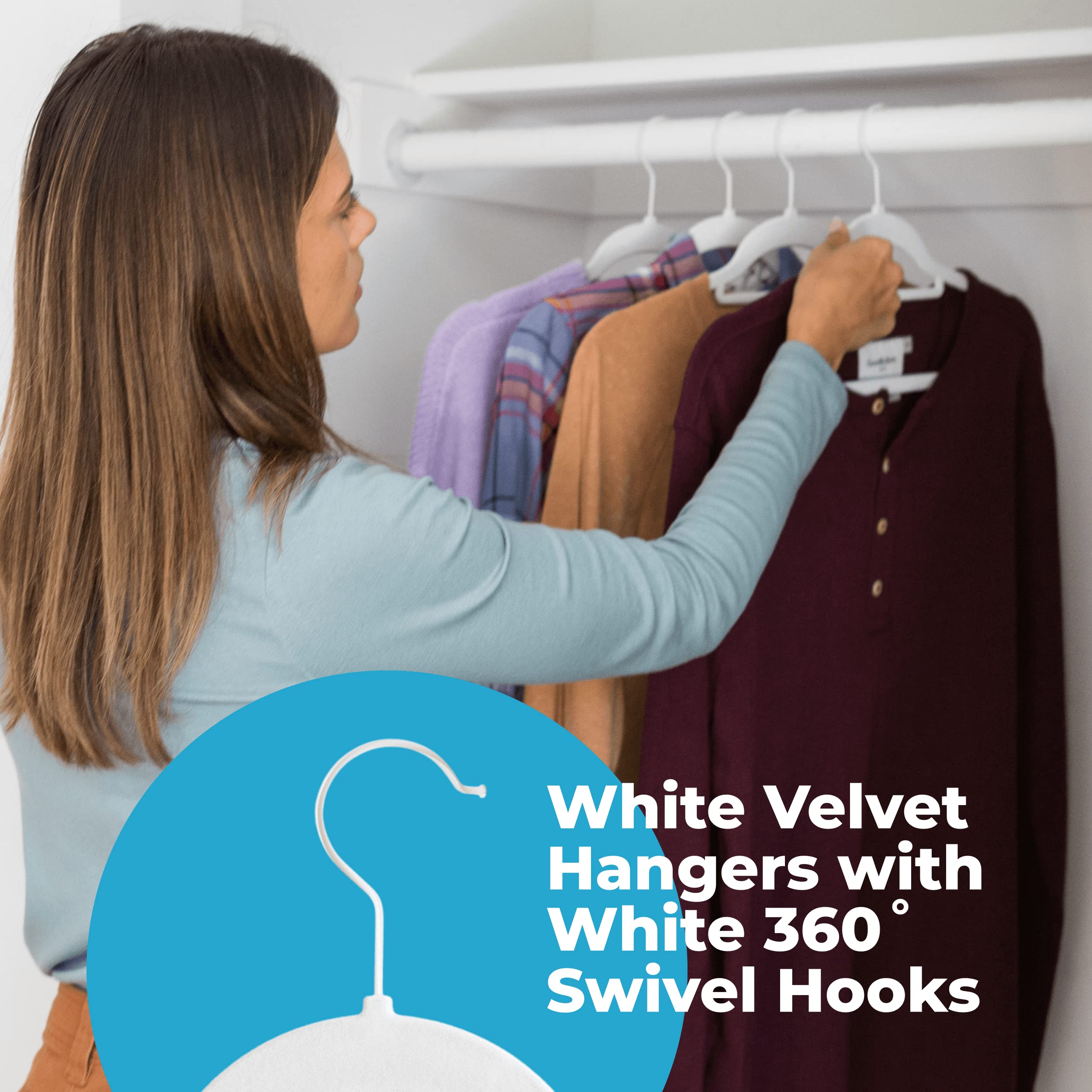Fontaines Luxury White Velvet Felt Non Slip Clothes Hangers 50 Pack - Ultra Slim & Space Saving - Heavy Duty Swivel White Hook for Clothing  Suit  Top  Tie  Shirt  Skirt & Pant Organization