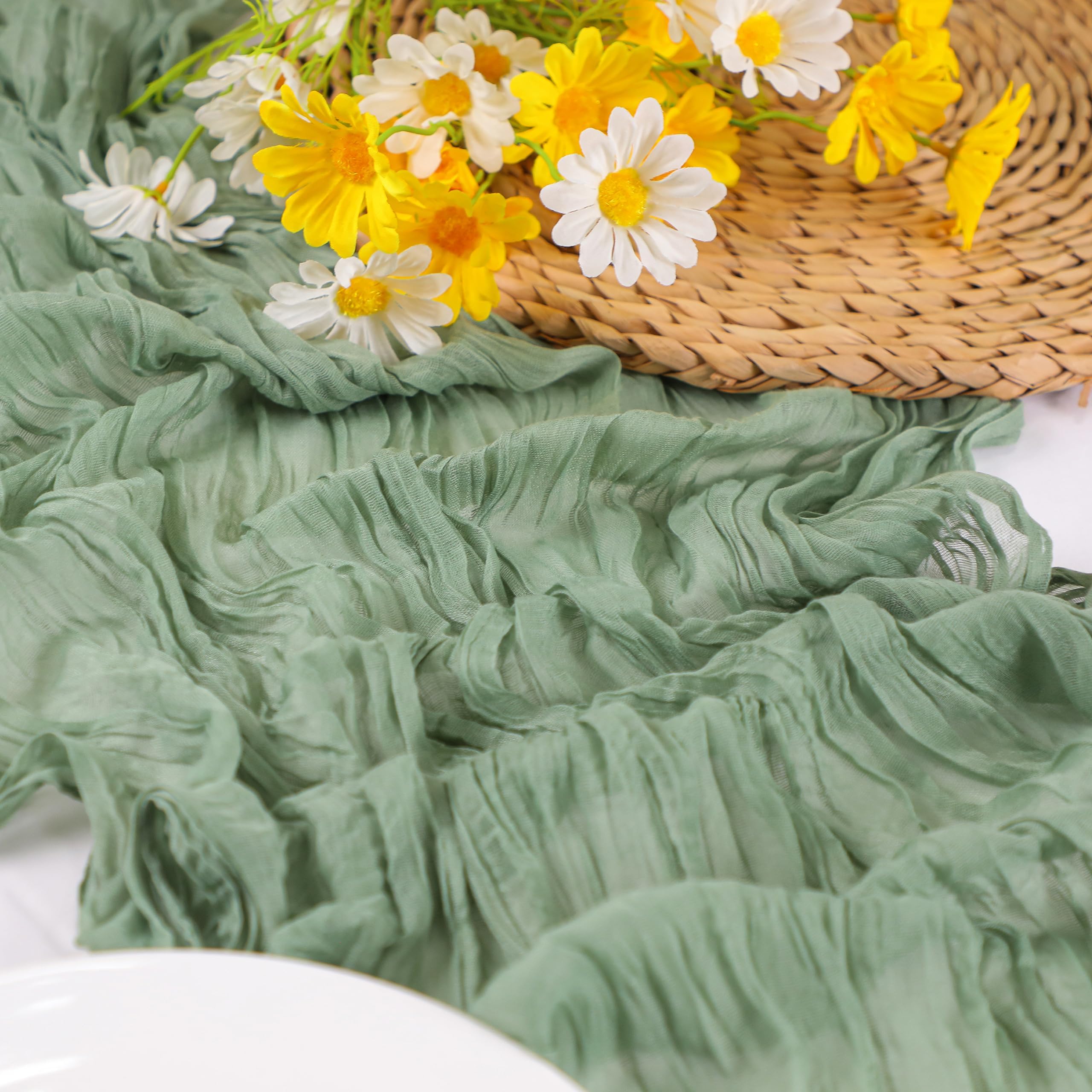Snowkingdom Sage Green Cheesecloth Table Runner, 120 Inch 10 Ft Rustic Boho Sheer Gauze Cheese Cloth Runner for Wedding Bridal B