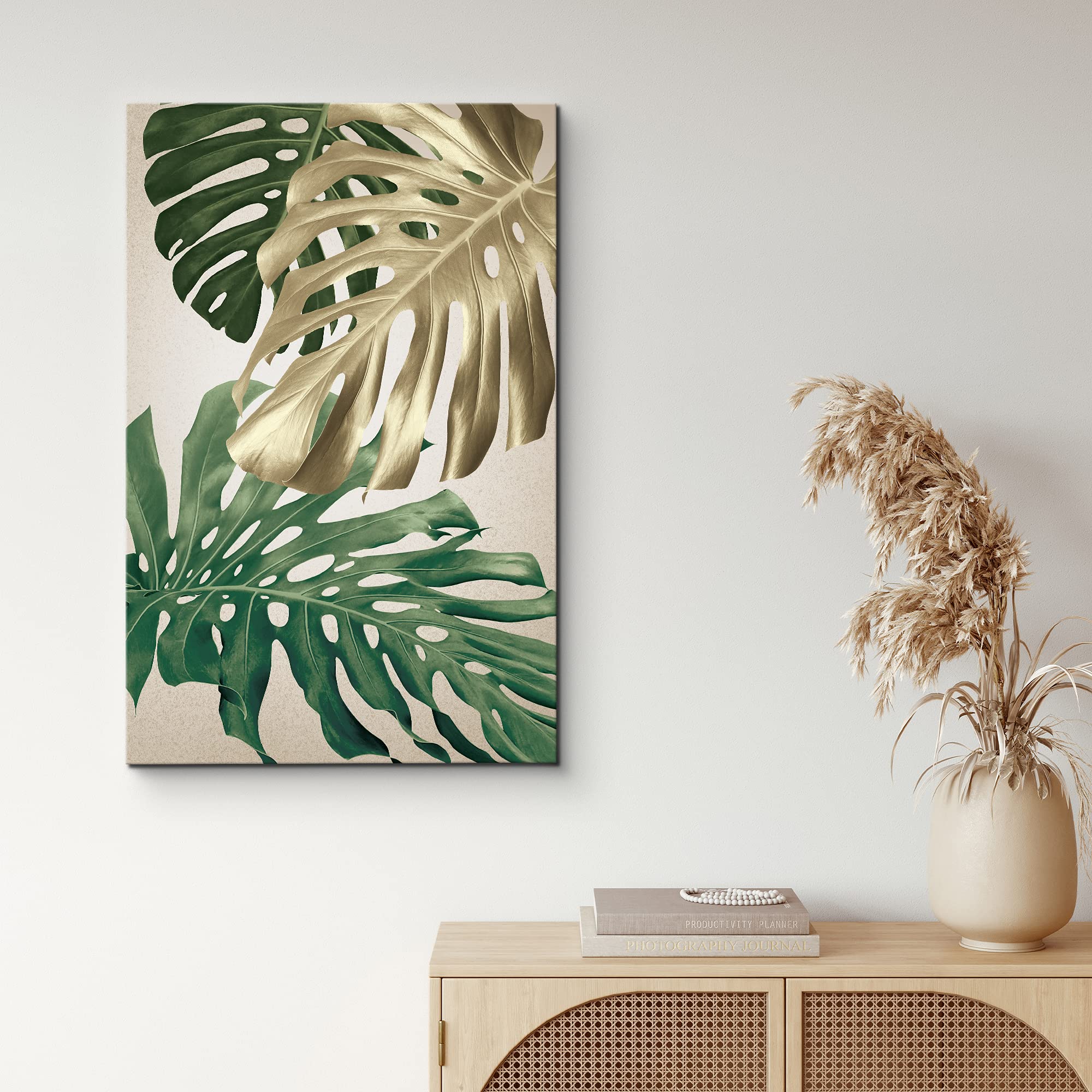 Nwt Canvas Print Wall Art Green & Gold Monstera Leaf Trio Floral Plants Illustrations Modern Art Tropical Closeup Colorful Multi