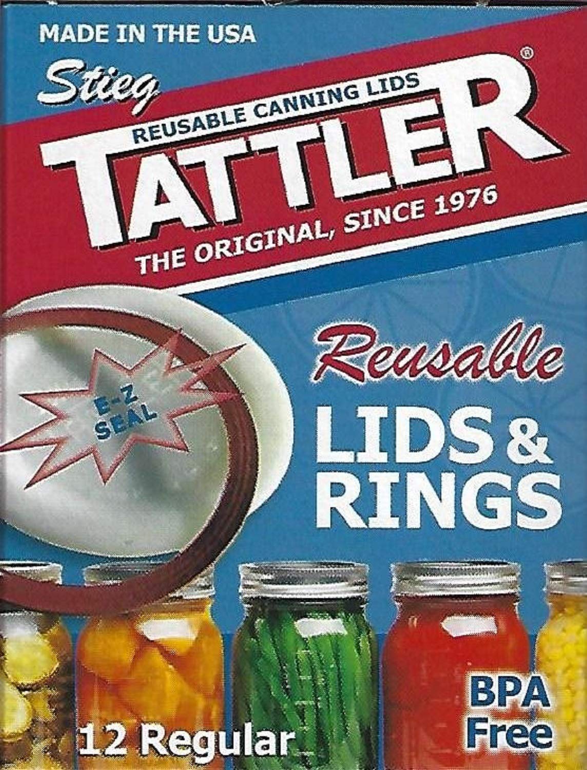 Authentic Tattler E-Z Seal Reusable Canning Lids - Regular Mouth - 1 Dozen (12) Plastic Lid/Rubber Ring - Made In The Usa!