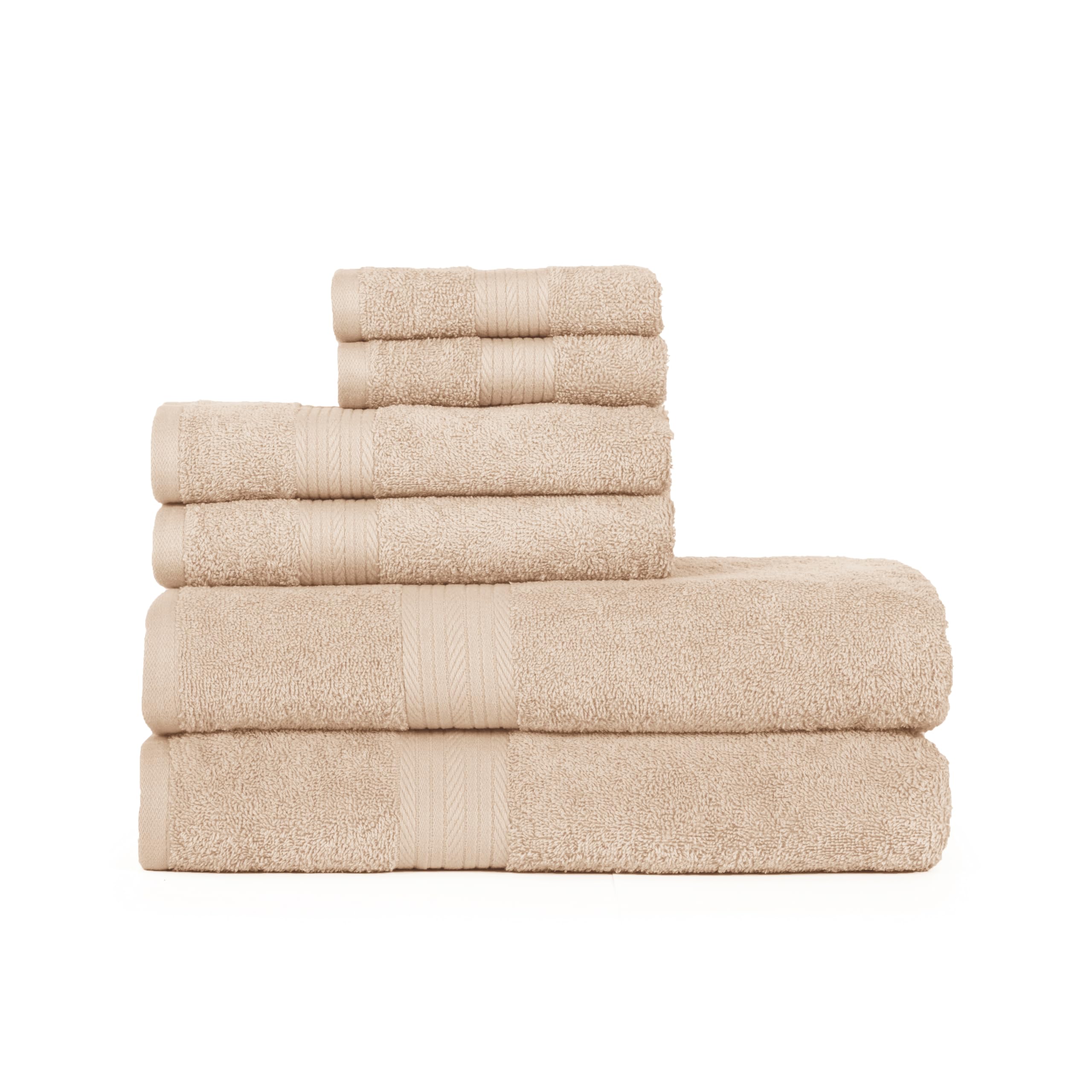 Ample Decor 100% Cotton 6 Piece Bathroom Towels Set, 2 Bath Towels, 2 Hand Towels, 2 Washcloths, Quick Drying - Beige Towel Sets
