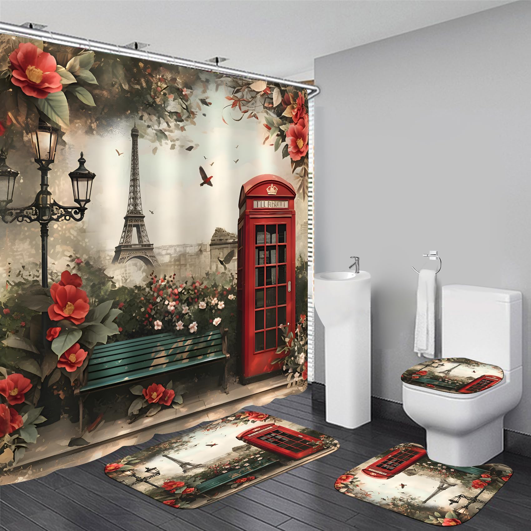Chrainy 4Pcs Paris Eiffel Tower Shower Curtain Sets Telephone Booth Red Flowers Bathroom Set Decor With Non-Slip Rugs Bath U-Sha