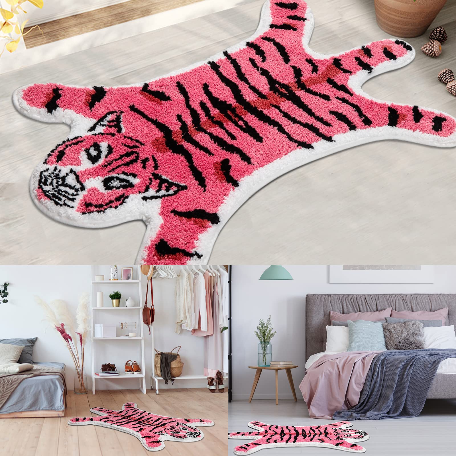 Tiger Shaped Rug Bath Mat Pink Tiger Bathroom Rug Non-Slip Door Mat Animals Printed Area Rug Carpet Small Home Decor Mat Playmat