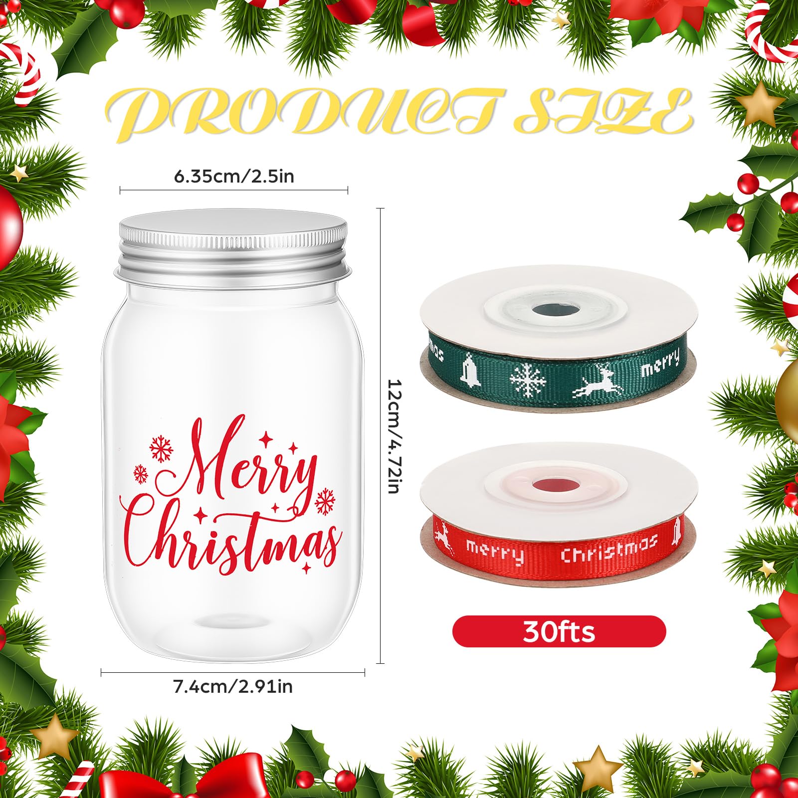 Yungyan 24 Set 12oz Christmas Mason Jars Christmas Candy Jars with Lids Ribbons Print Pattern Clear Plastic Cookies Containers f