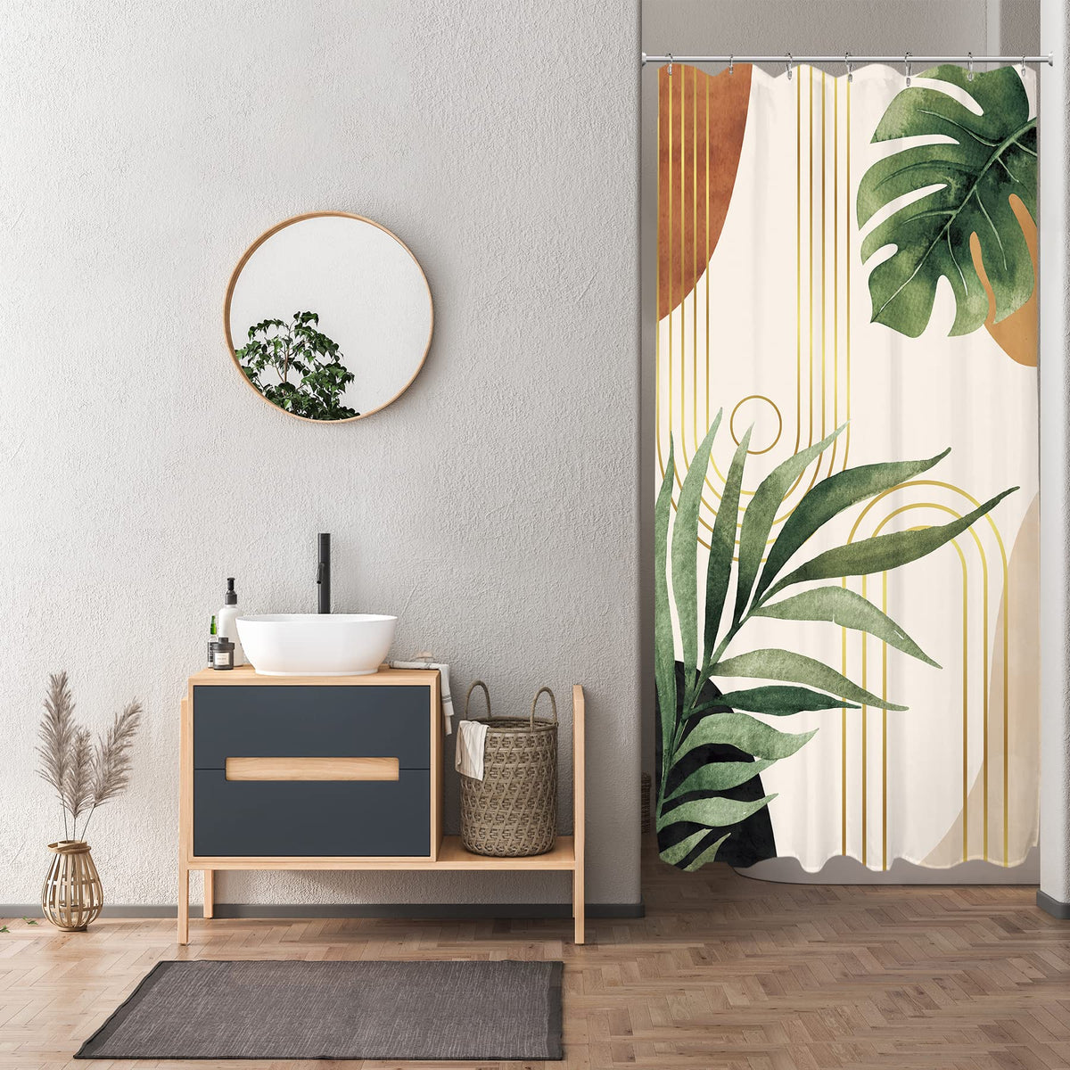 Glawry Small Stall Narrow Shower Curtain 36Wx72L Inches Tropical Bohemian Leaves Mid Century Abstract Boho Botanical Bathroom Cu