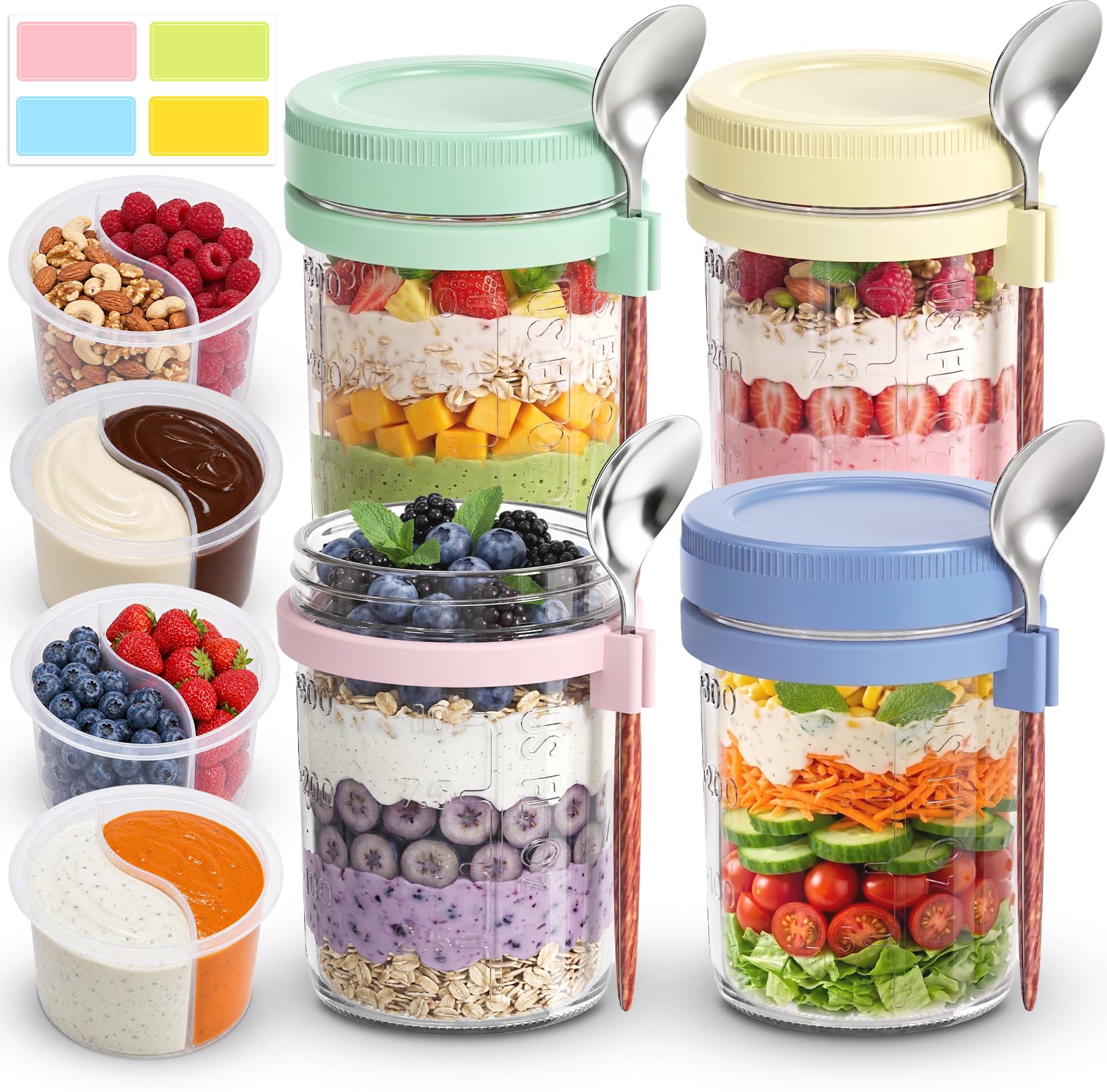 FITIMOR 4 Pack Overnight Oats Jars, 16 oz Glass Mason Jars with Spoons