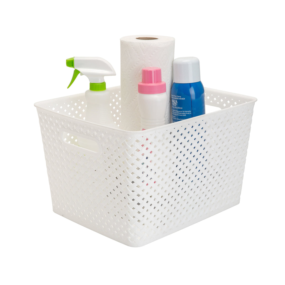 Simplify Large Resin Wicker Tote  Storage Bin  Plastic Organizer  Carrying Handles  Bathroom  Pantry  Accessories  Toys  White