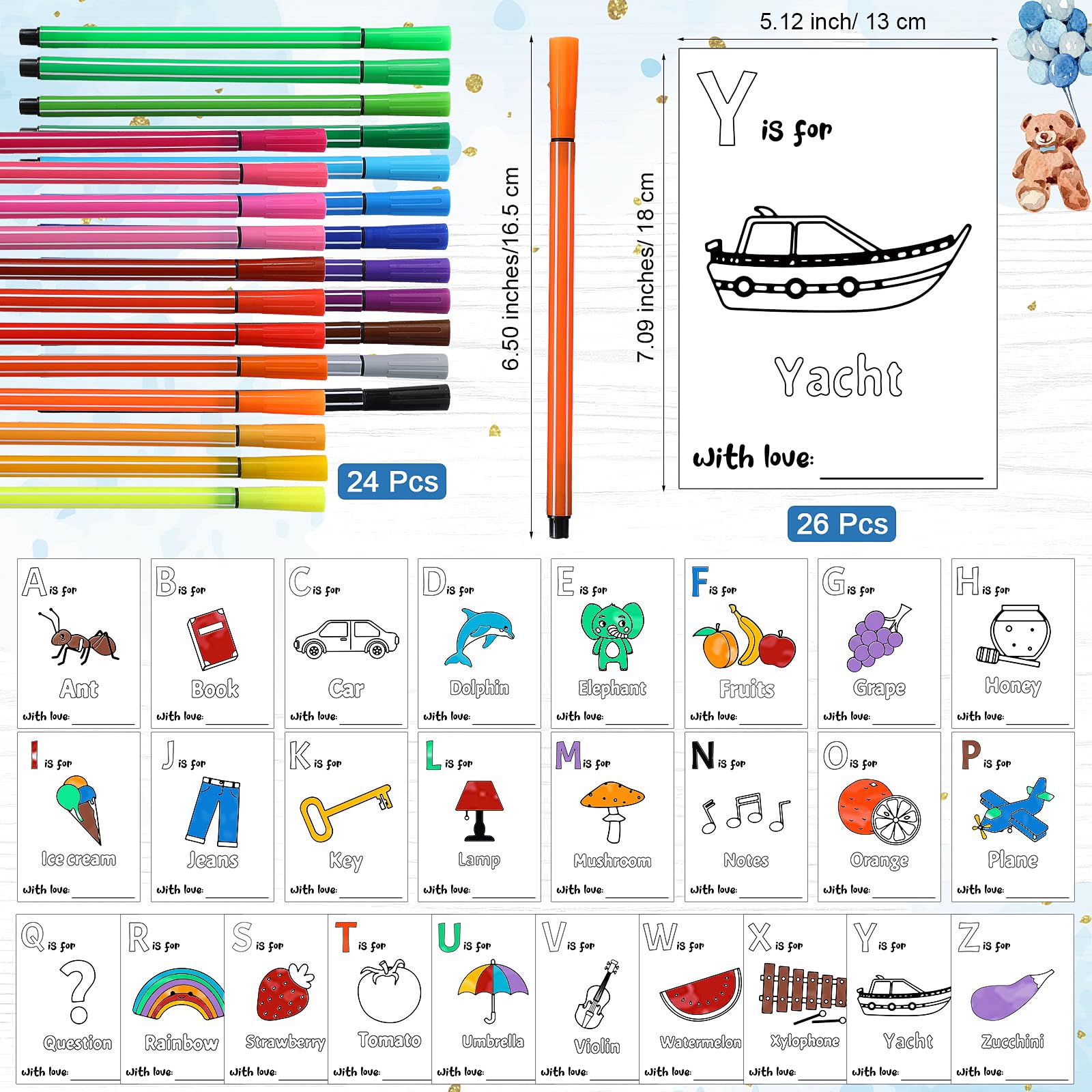 Geelin Fun Baby Shower Game Kid'S Abc Book Sign 26 Coloring Game Card Alphabet A To Z Coloring Card 24 Watercolor Pen For Baby S
