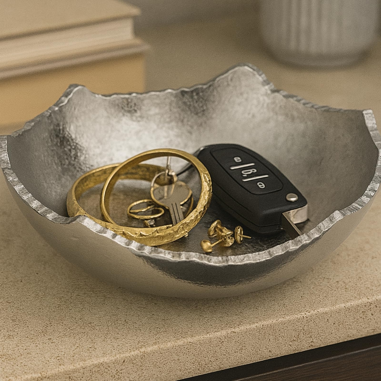 Decorative Silver Moon Decorative Metal Torn Hammered Asymmetrical Centerpiece Bowl