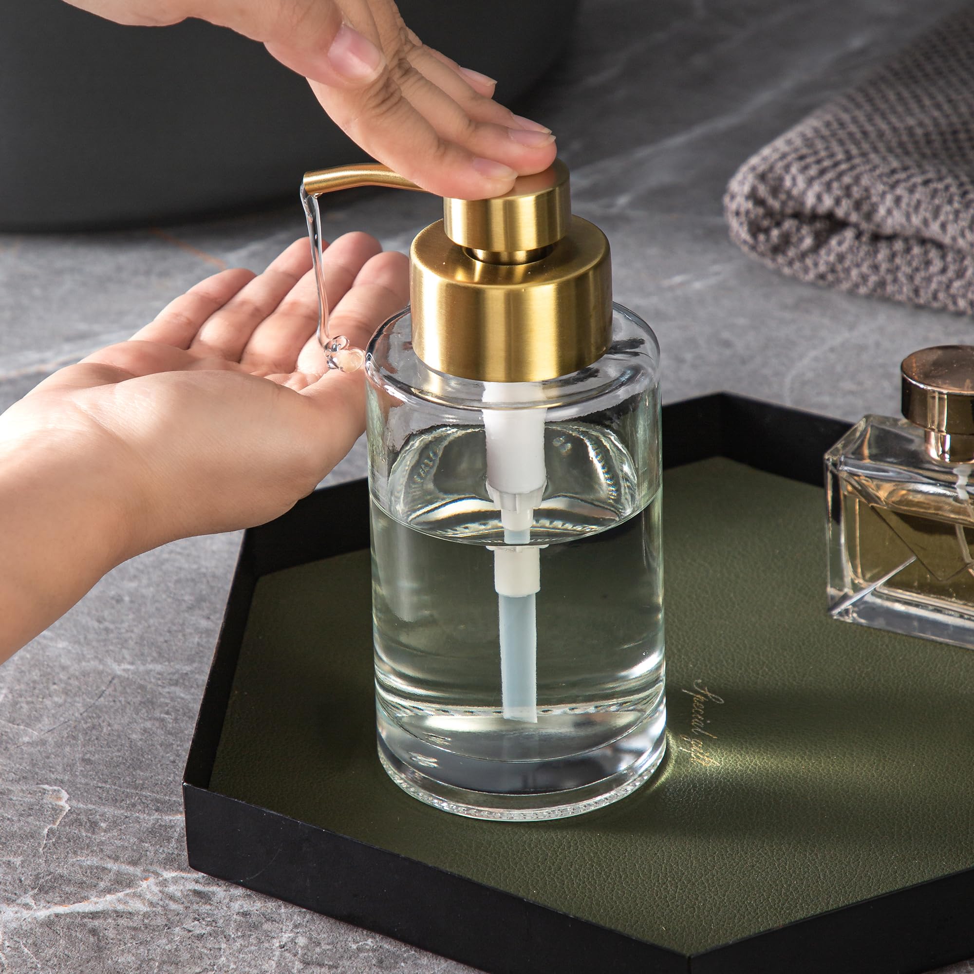 Enra Thick Glass Soap Dispenser With Stainless Steel Gold Pump,12Oz Bathroom Hand Liquid Soap Dispensers,Lotion Dispenser,Soap D