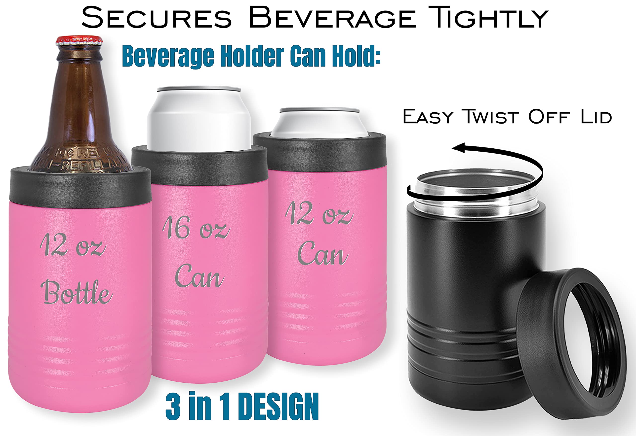 Personalized Stainless Steel Engraved Insulated Beverage Holder Customized Can Cooler With Custom Name Text - Wedding, Birthday,