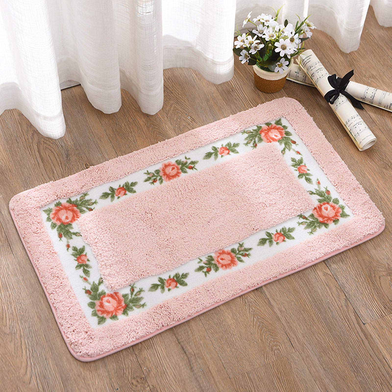 UKELER Luxury Shaggy Pink Rose Bath Rugs Washable Non-Slip Bathroom Mat for Home and Hotel  17.7''x29.5''