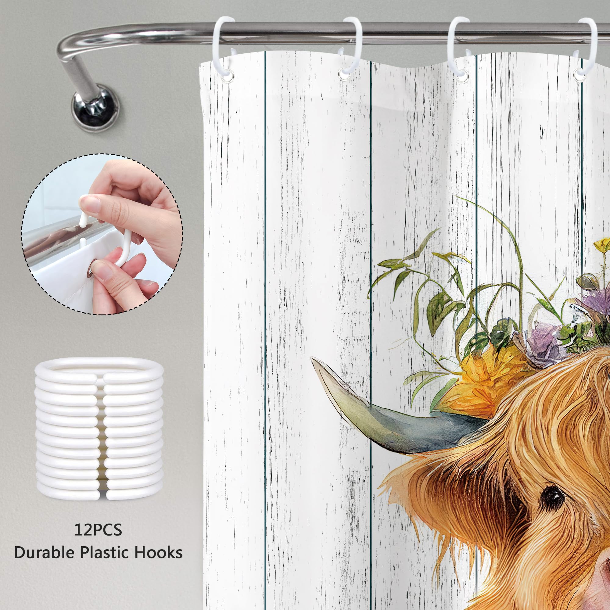 Mitpok Farmhouse Highland Cow Shower Curtain 60Wx72H Western Spring Rustic Funny Calf Country Bull Animal Wood Floral Flower Pla